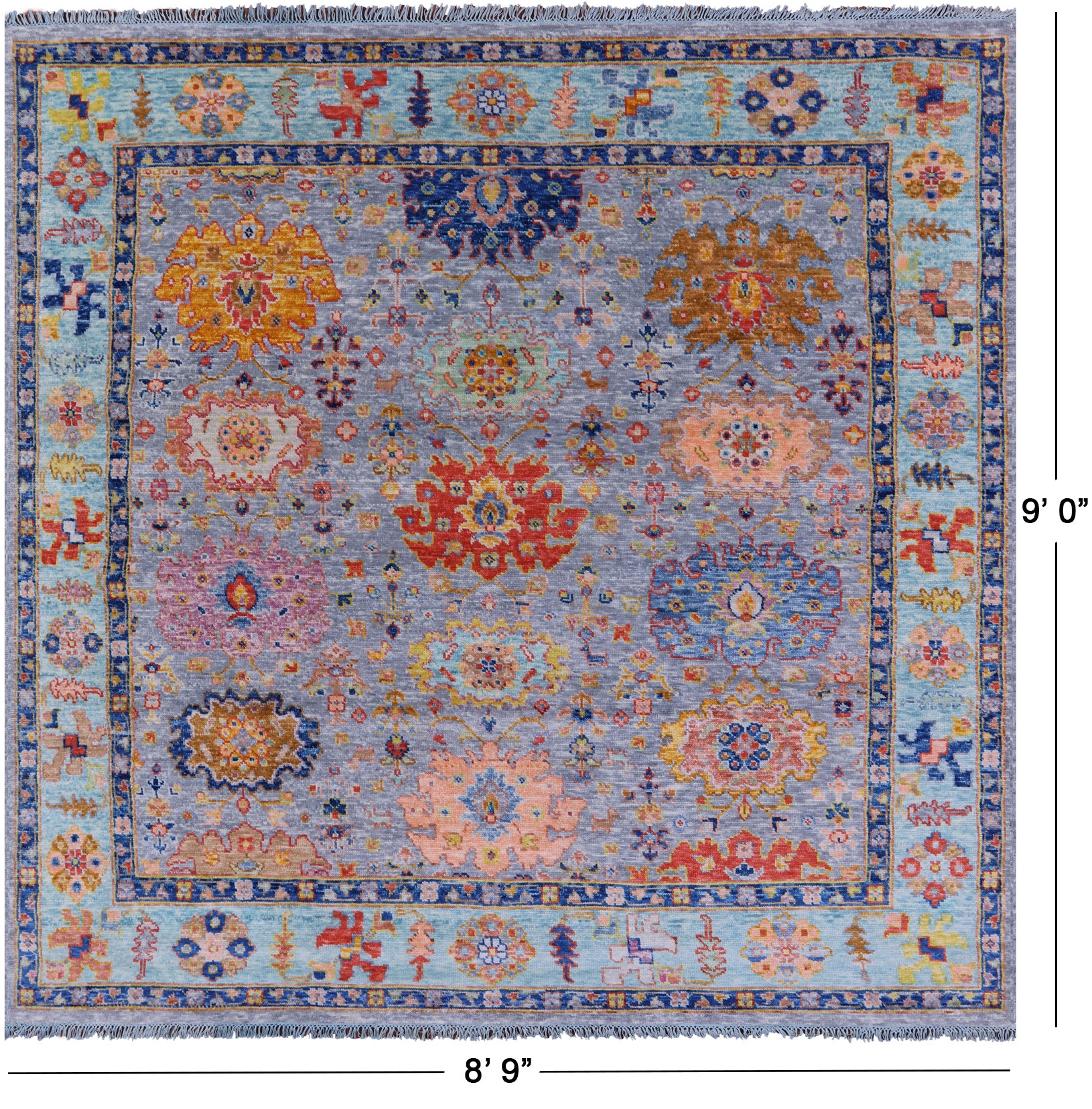 Grey Square Turkish Oushak Hand Knotted Wool Rug - 8' 9" X 9' 0" - Golden Nile