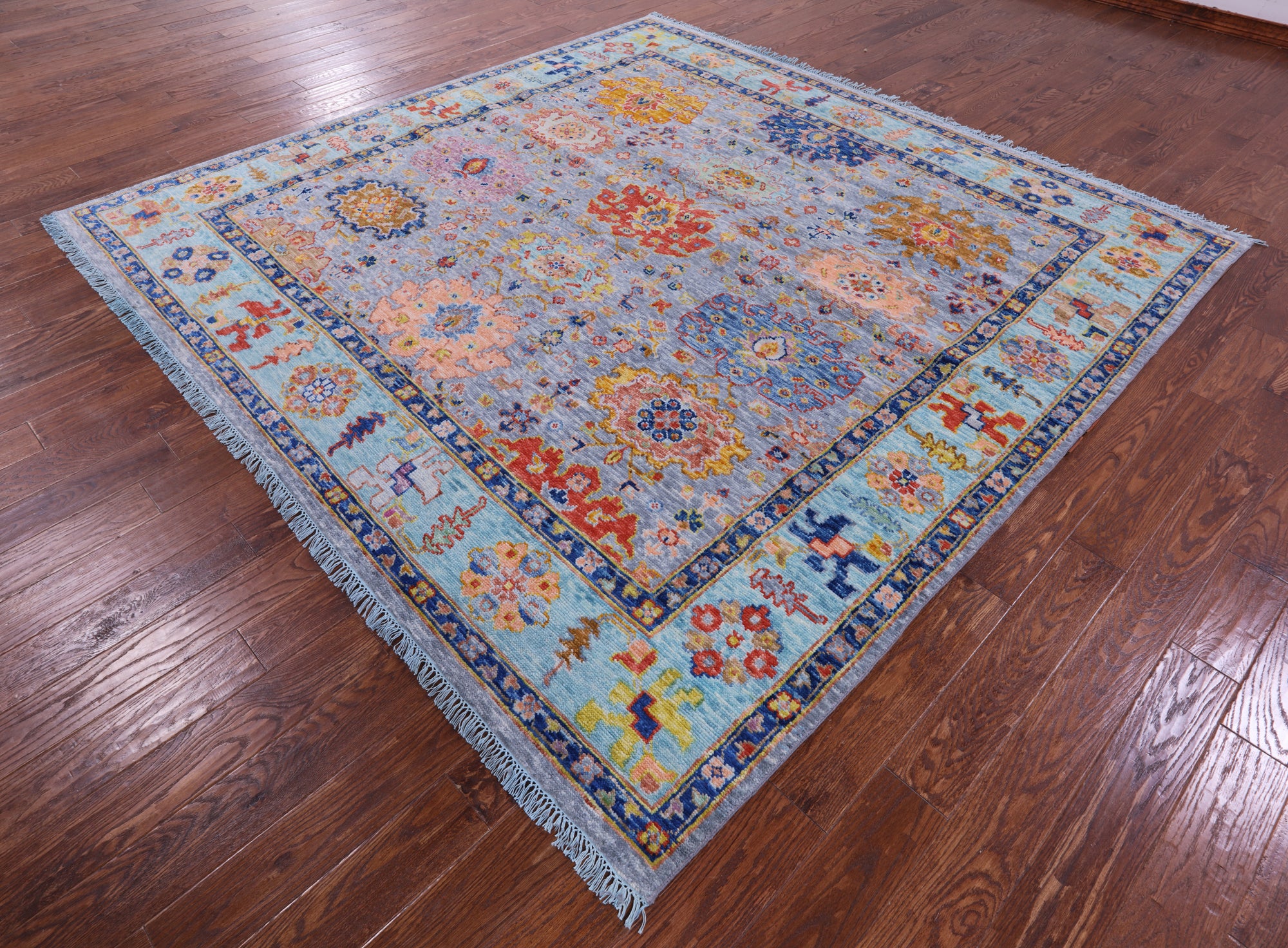 Grey Square Turkish Oushak Hand Knotted Wool Rug - 8' 9" X 9' 0" - Golden Nile