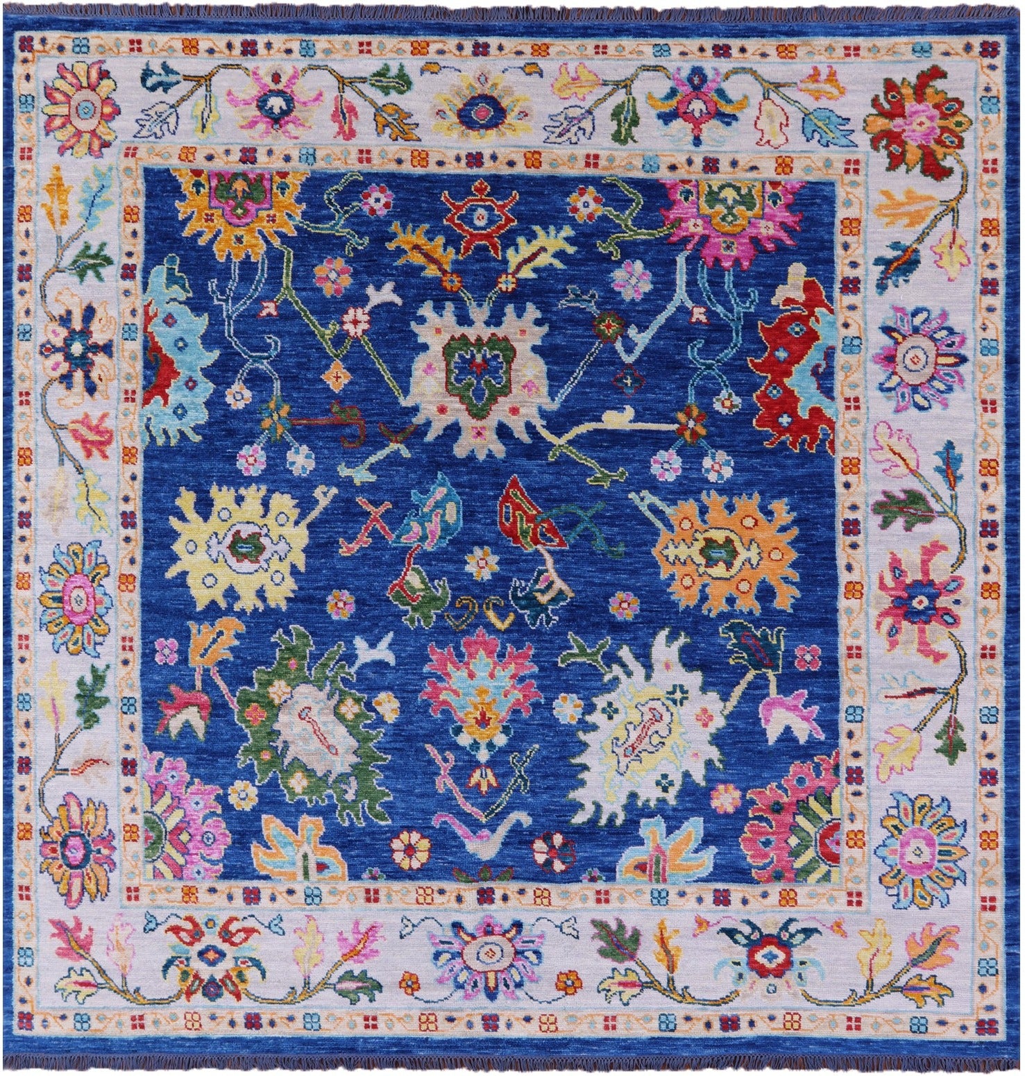 Blue Square Turkish Oushak Hand Knotted Wool Rug - 9' 0" X 9' 2" - Golden Nile