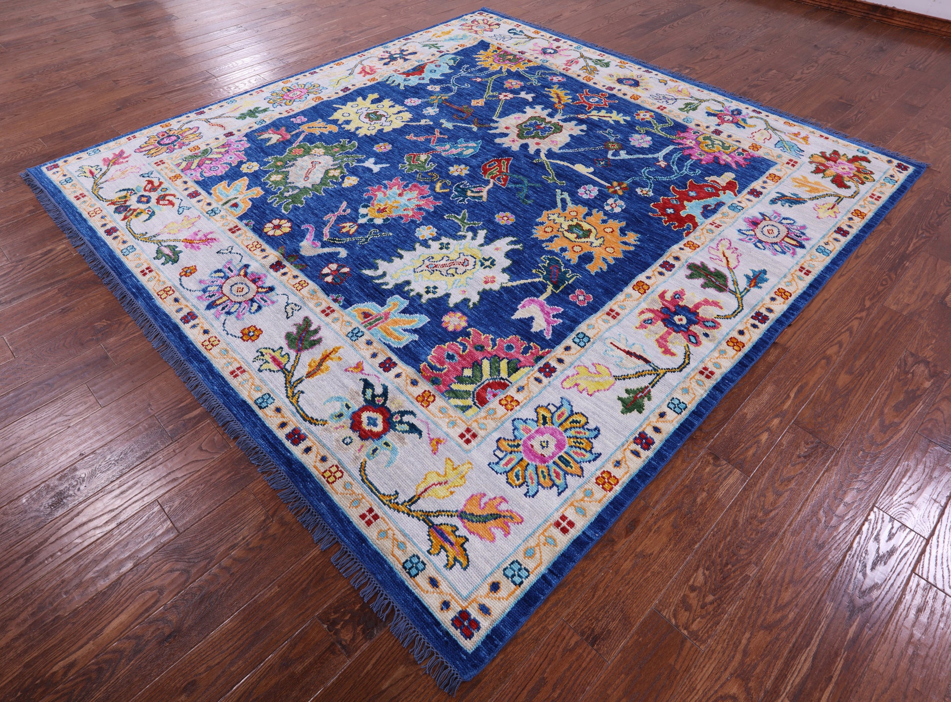 Blue Square Turkish Oushak Hand Knotted Wool Rug - 9' 0" X 9' 2" - Golden Nile