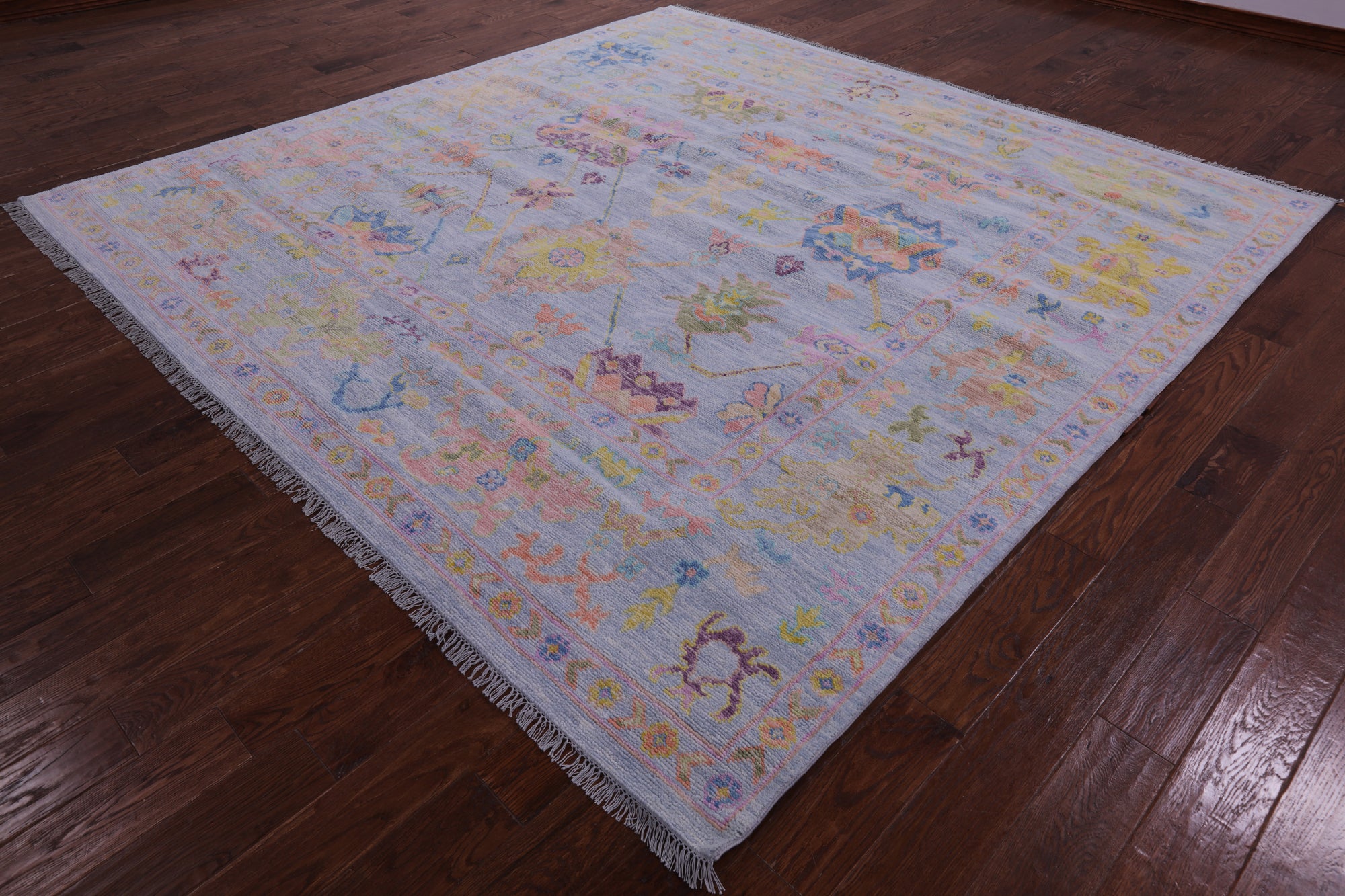 Light Blue Square Turkish Oushak Hand Knotted Wool Rug - 9' 4" X 9' 4" - Golden Nile