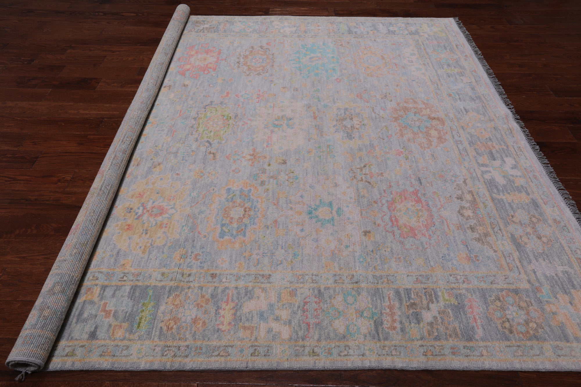SUPER SALE Silver Square Turkish Oushak Hand Knotted Wool Rug - 7' 11" X 8' 1"