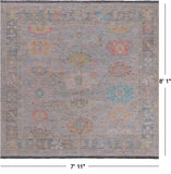 SUPER SALE Silver Square Turkish Oushak Hand Knotted Wool Rug - 7' 11" X 8' 1"
