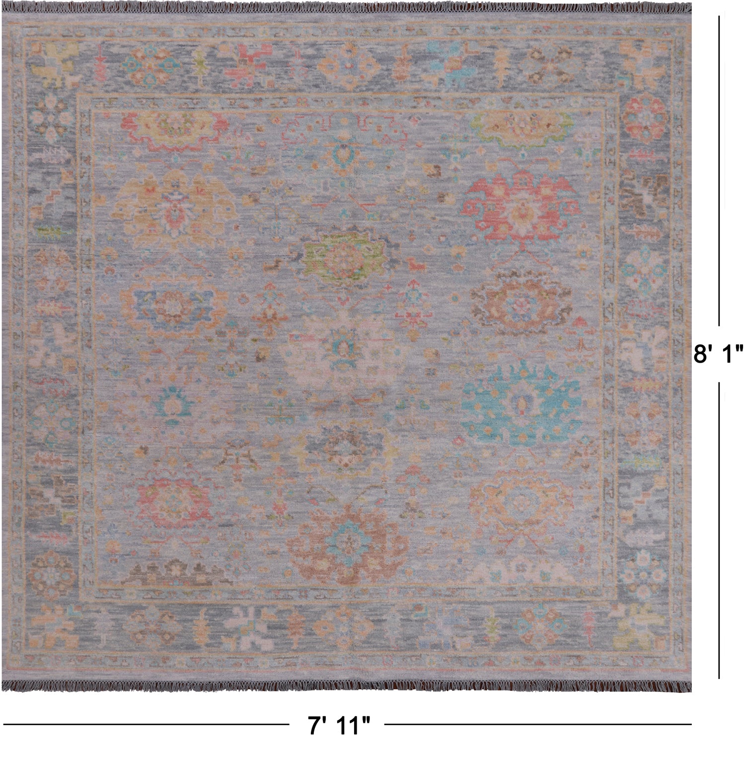 SUPER SALE Silver Square Turkish Oushak Hand Knotted Wool Rug - 7' 11" X 8' 1"