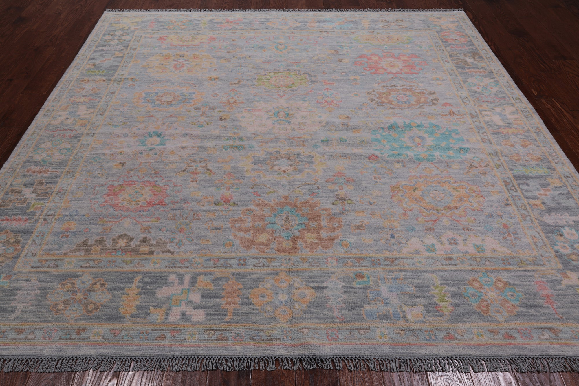 SUPER SALE Silver Square Turkish Oushak Hand Knotted Wool Rug - 7' 11" X 8' 1"