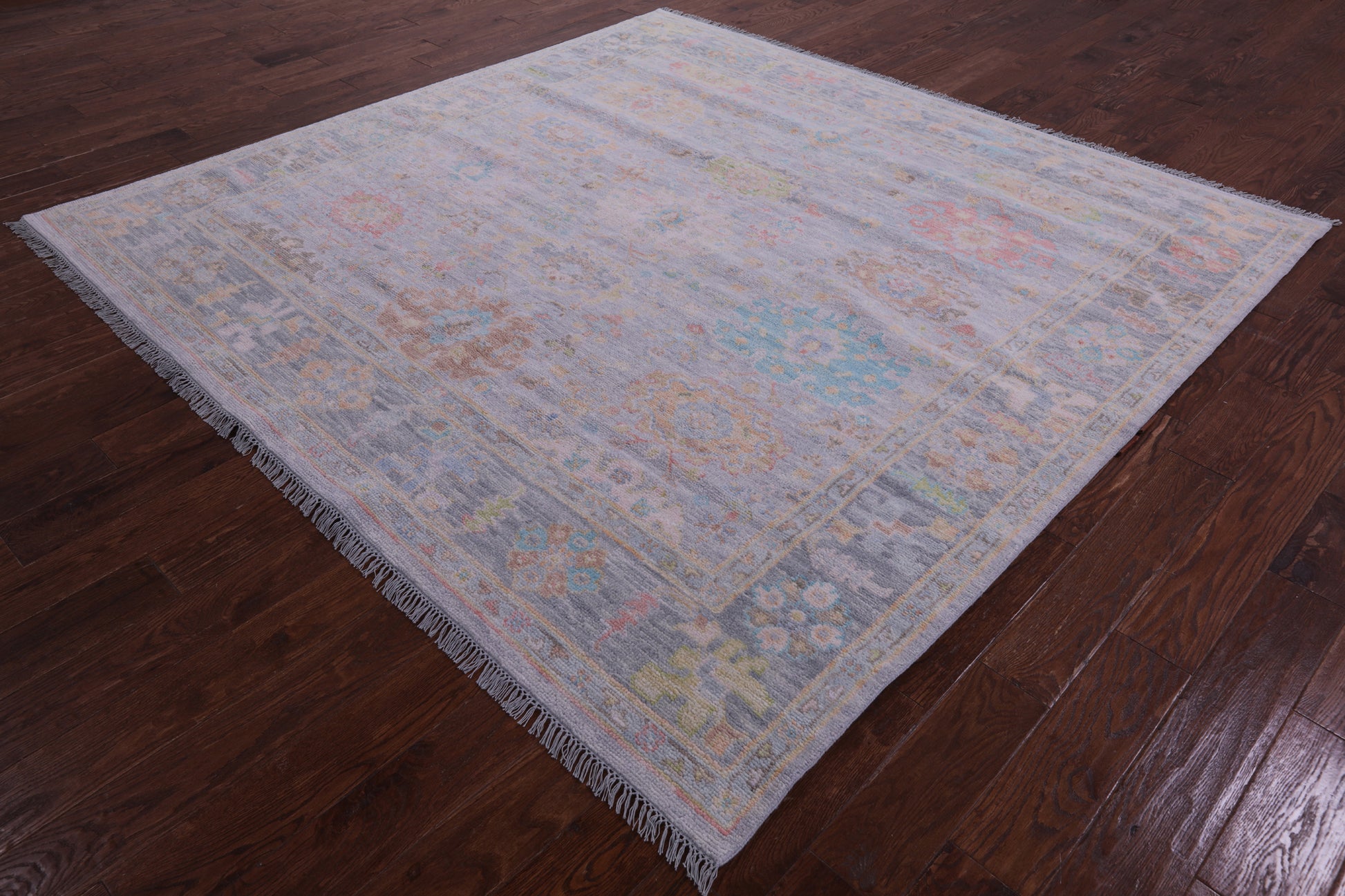 Silver Square Turkish Oushak Hand Knotted Wool Rug - 7' 11" X 8' 1" - Golden Nile