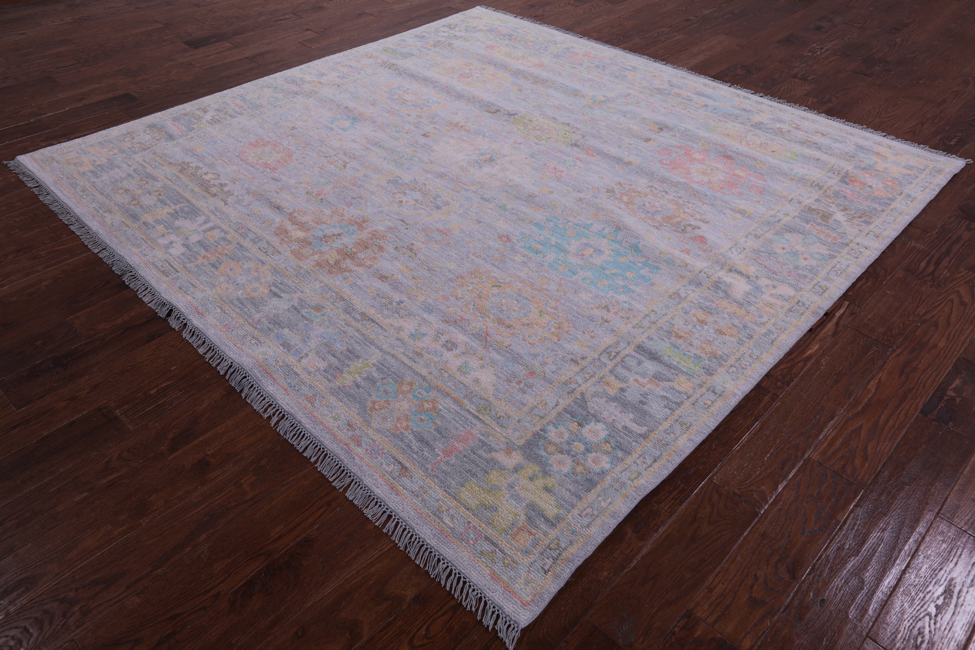 Silver Square Turkish Oushak Hand Knotted Wool Rug - 7' 11" X 8' 1" - Golden Nile