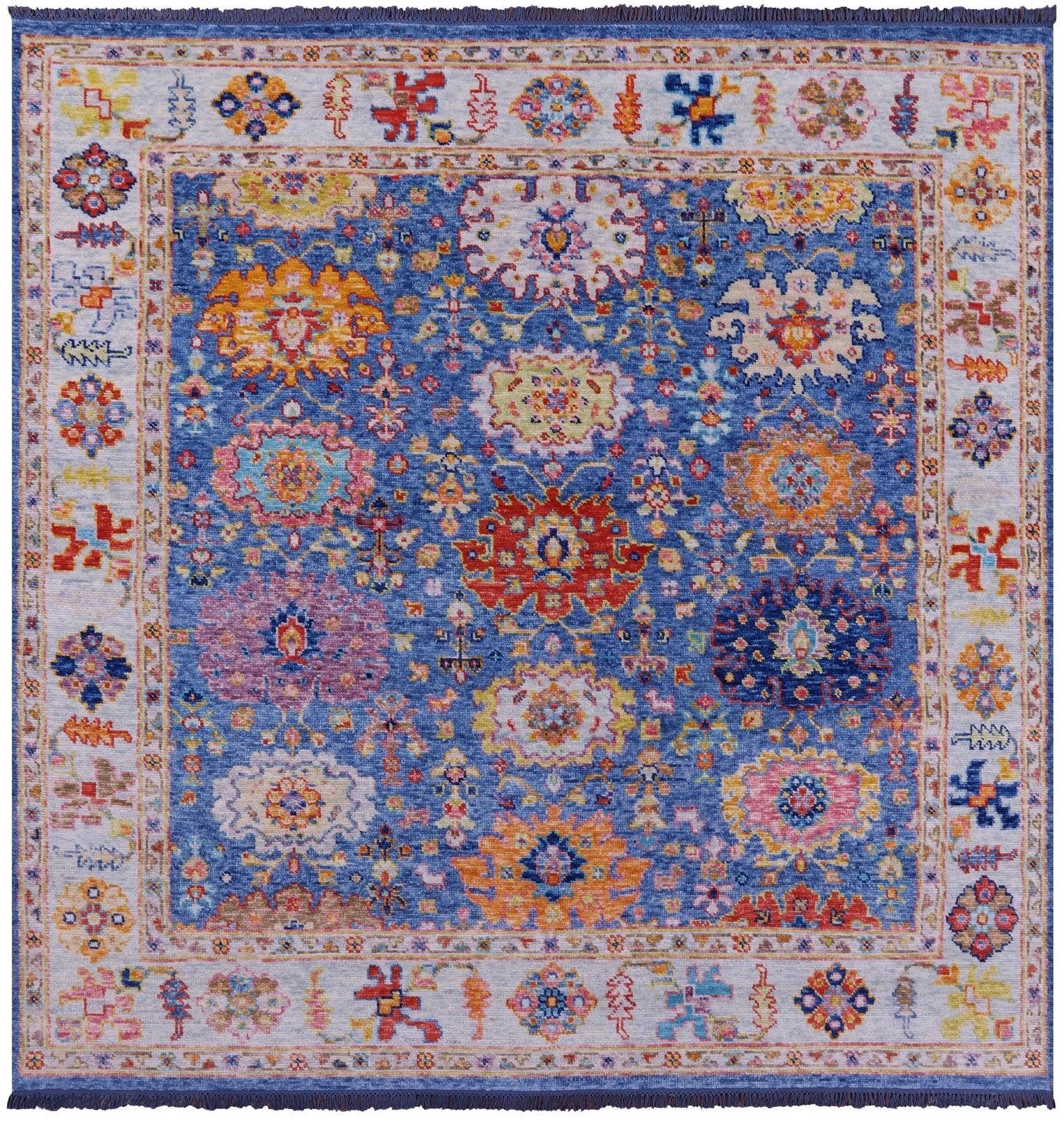 Blue Square Turkish Oushak Hand Knotted Wool Rug - 8' 1" X 8' 1" - Golden Nile