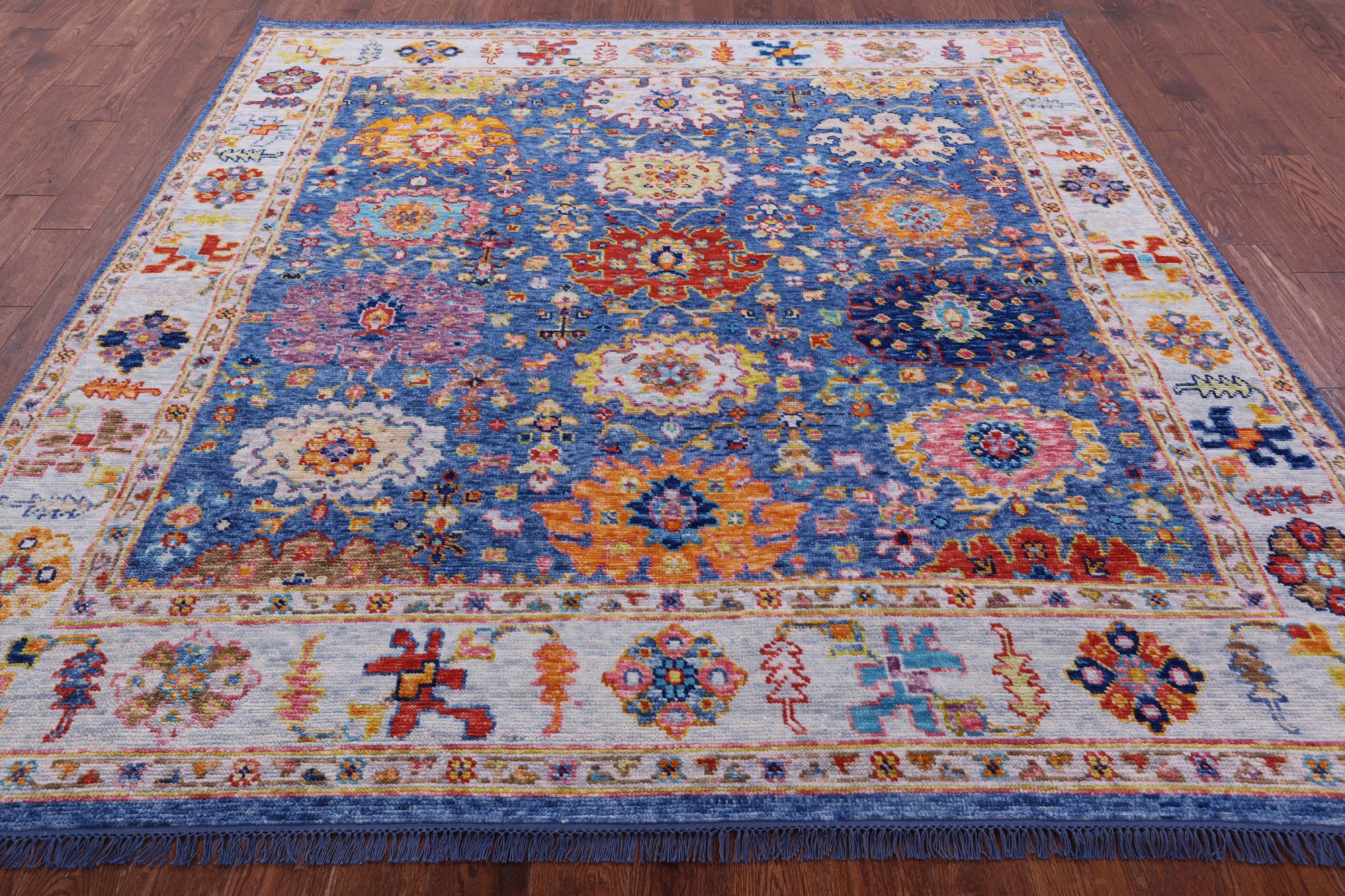 Blue Square Turkish Oushak Hand Knotted Wool Rug - 8' 1" X 8' 1" - Golden Nile