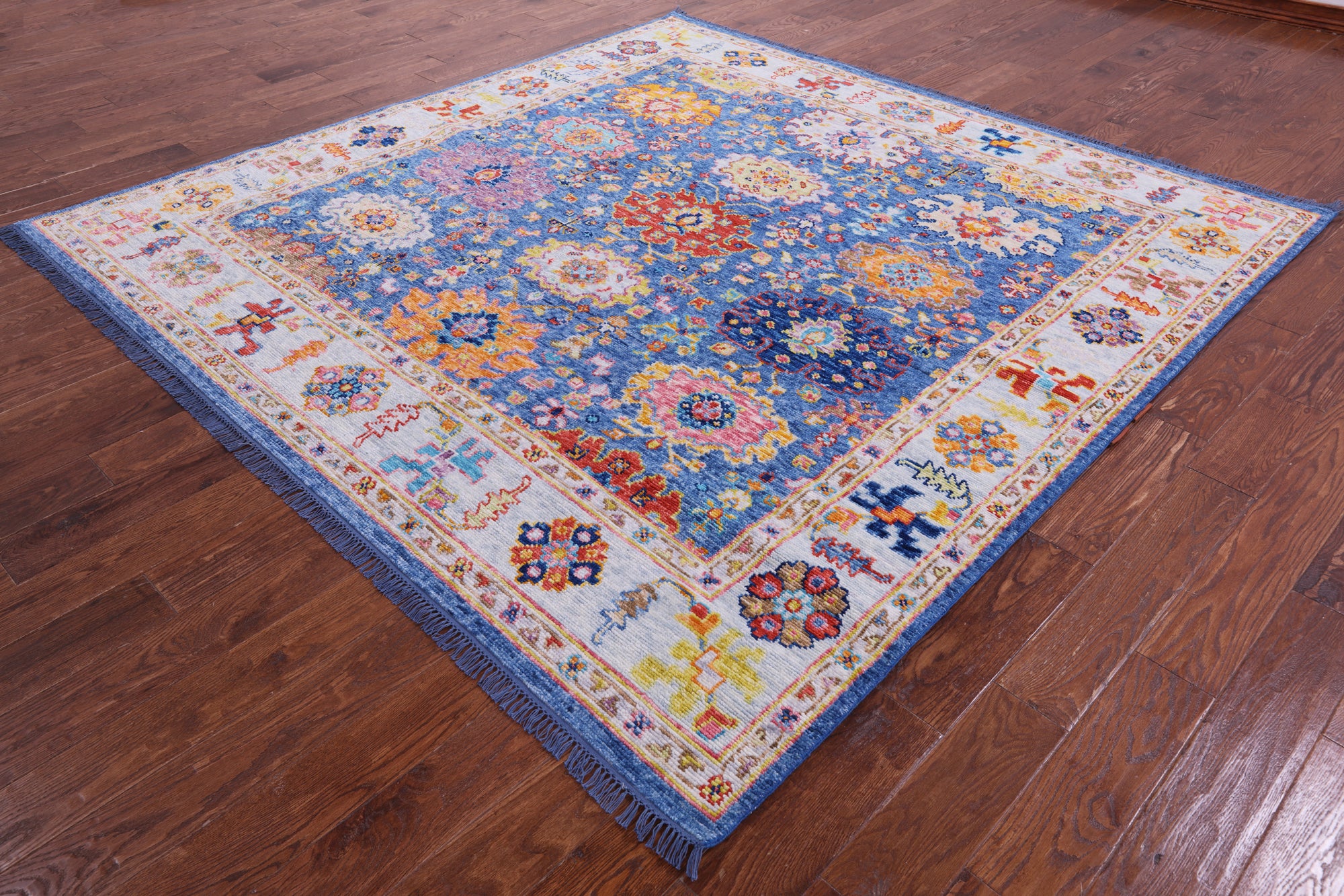 Blue Square Turkish Oushak Hand Knotted Wool Rug - 8' 1" X 8' 1" - Golden Nile