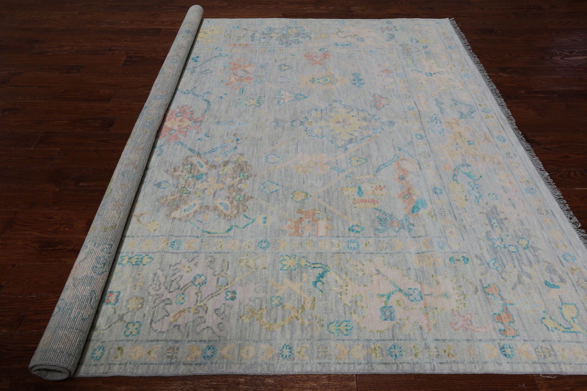 SUPER SALE Silver Square Turkish Oushak Hand Knotted Wool Rug - 7' 11" X 8' 0"