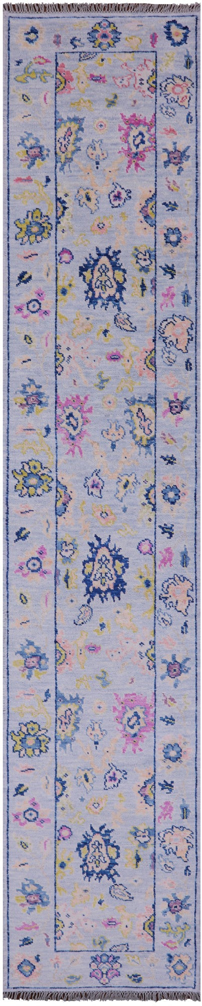 Light Blue Turkish Oushak Hand Knotted Wool Runner Rug - 2' 7" X 13' 5" - Golden Nile