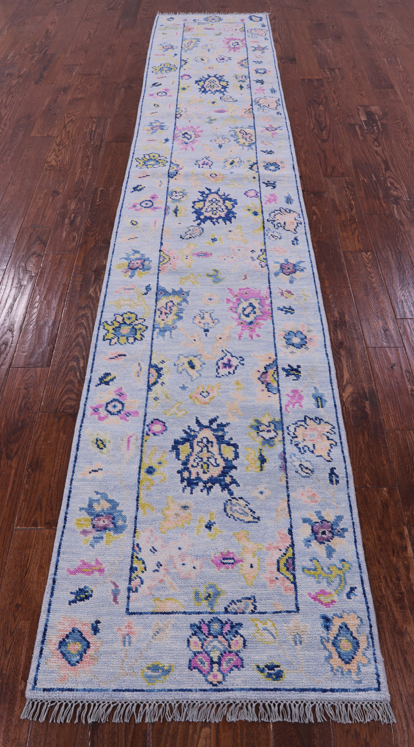 Light Blue Turkish Oushak Hand Knotted Wool Runner Rug - 2' 7" X 13' 5" - Golden Nile