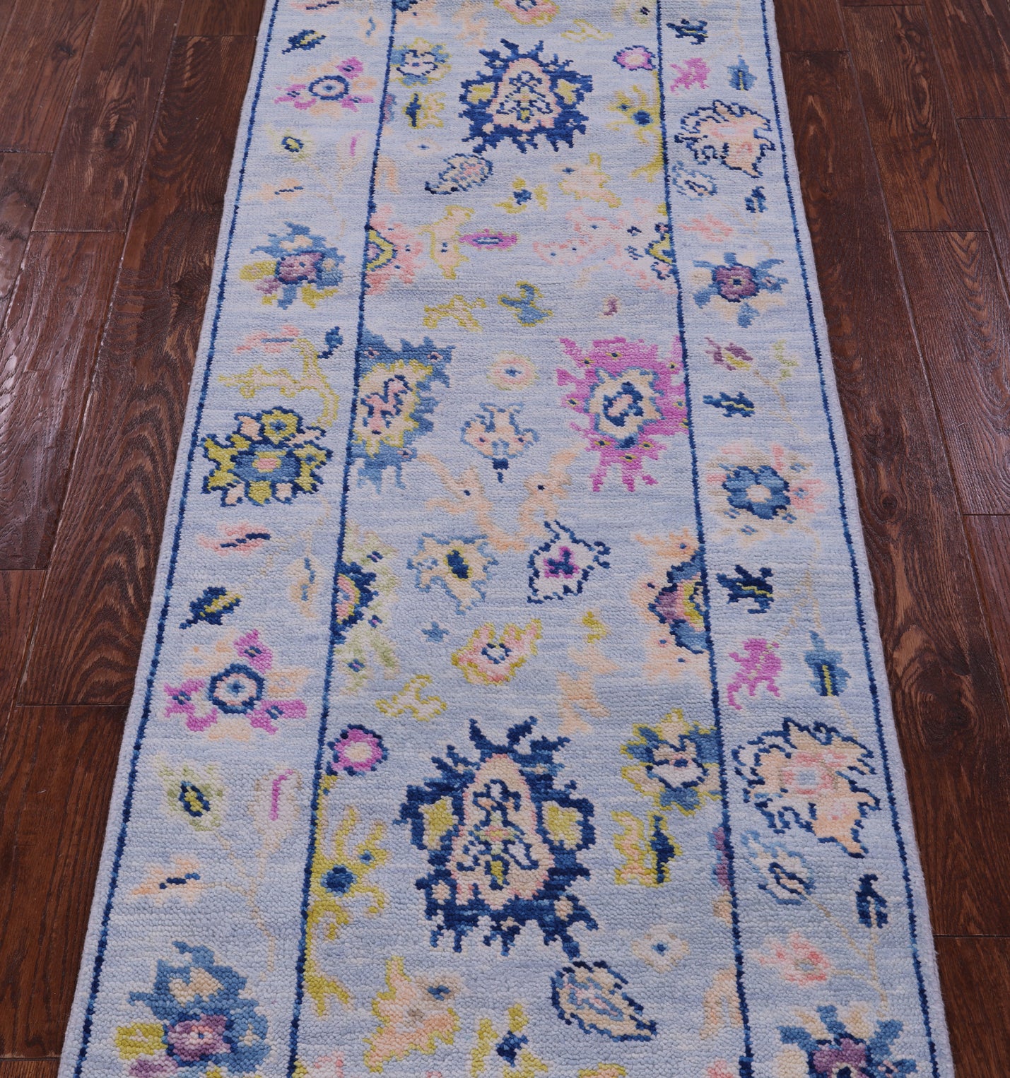 Light Blue Turkish Oushak Hand Knotted Wool Runner Rug - 2' 7" X 13' 5" - Golden Nile