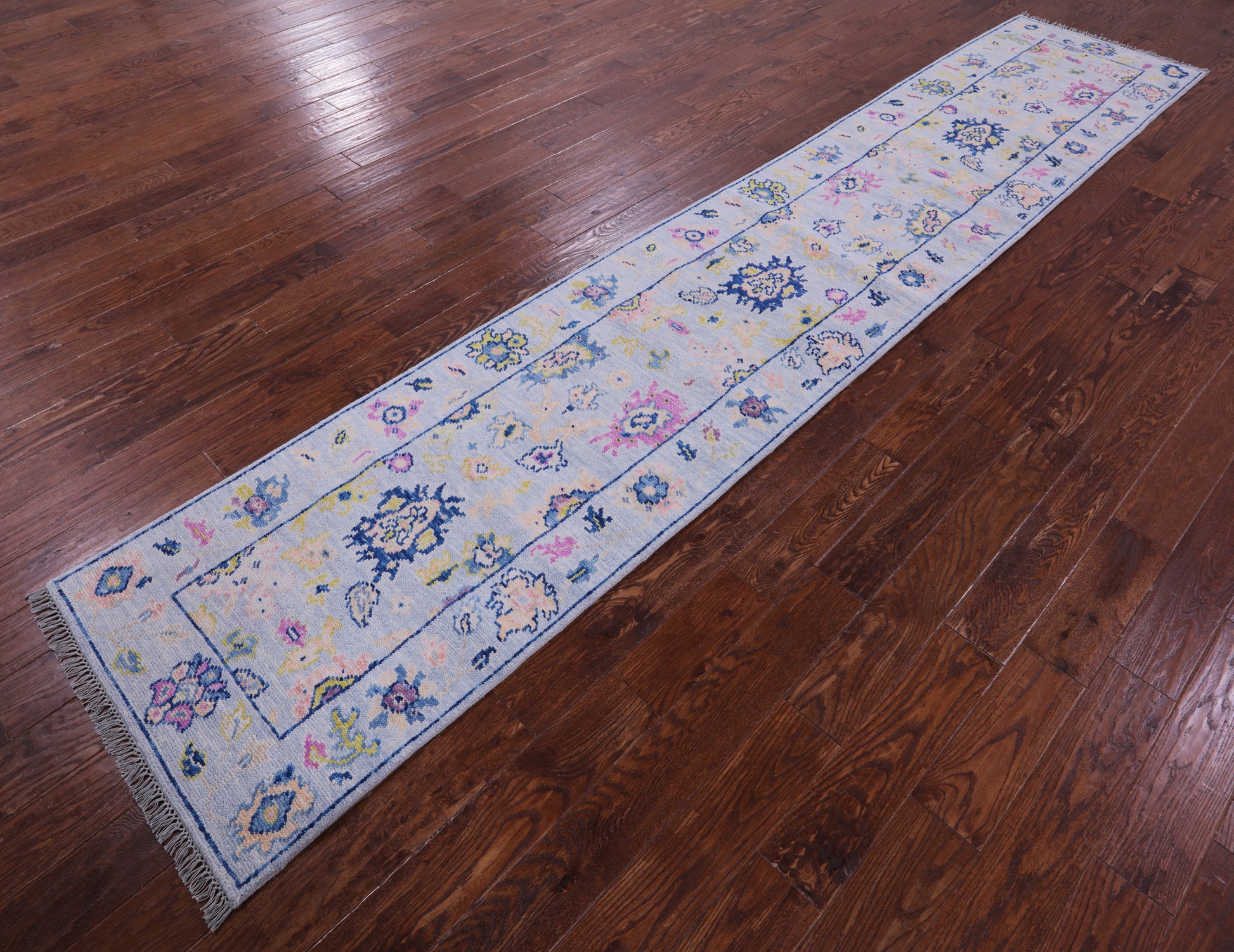 Light Blue Turkish Oushak Hand Knotted Wool Runner Rug - 2' 7" X 13' 5" - Golden Nile