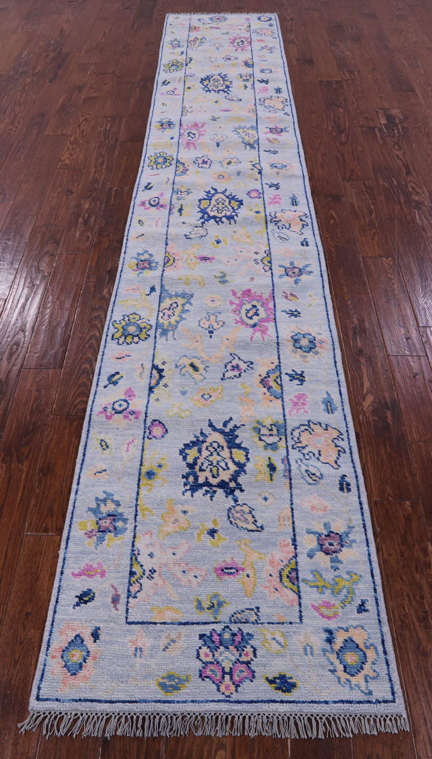 Light Blue Turkish Oushak Hand Knotted Wool Runner Rug - 2' 6" X 13' 5" - Golden Nile