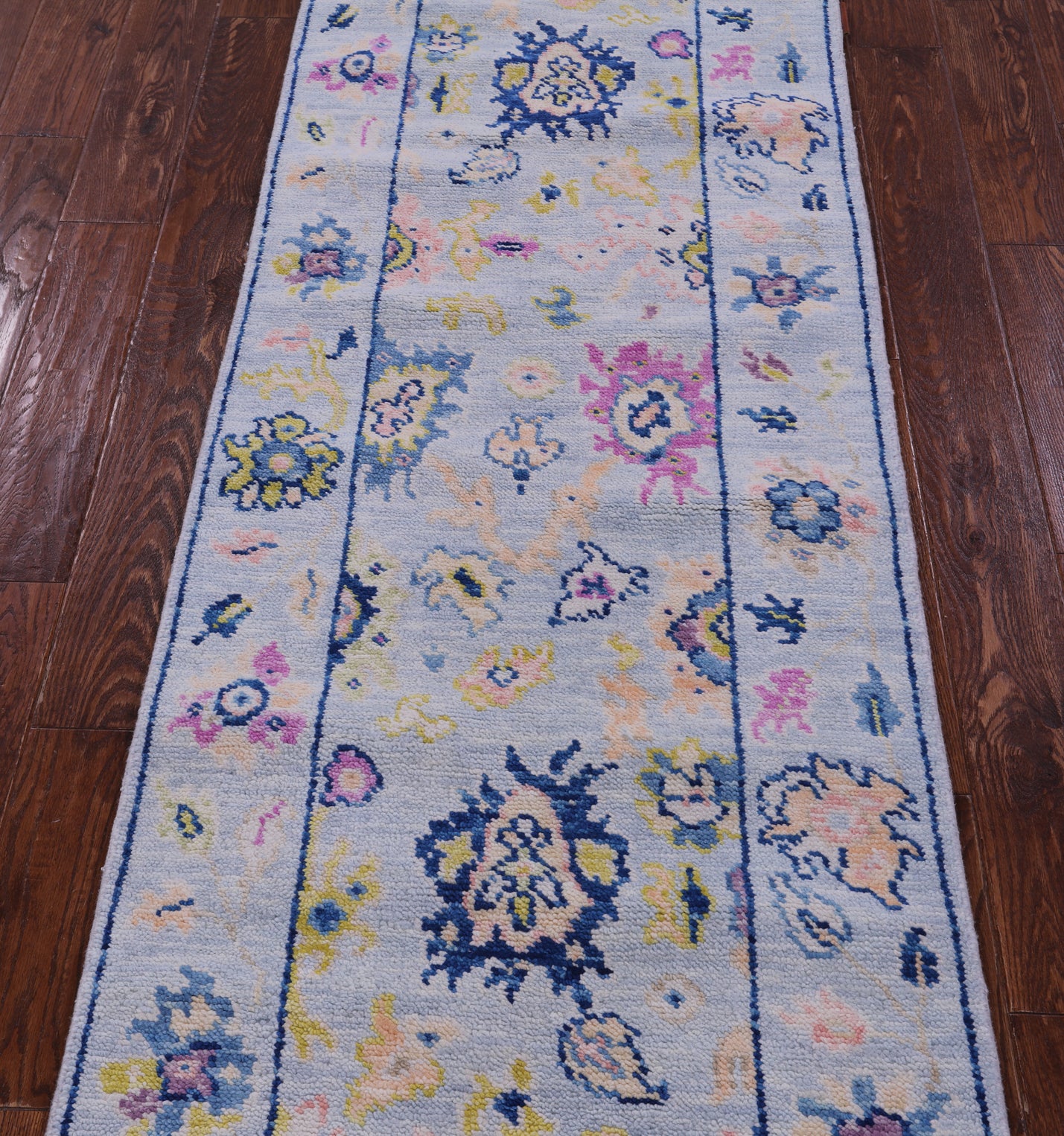 Light Blue Turkish Oushak Hand Knotted Wool Runner Rug - 2' 6" X 13' 5" - Golden Nile