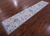 Light Blue Turkish Oushak Hand Knotted Wool Runner Rug - 2' 6" X 13' 5" - Golden Nile