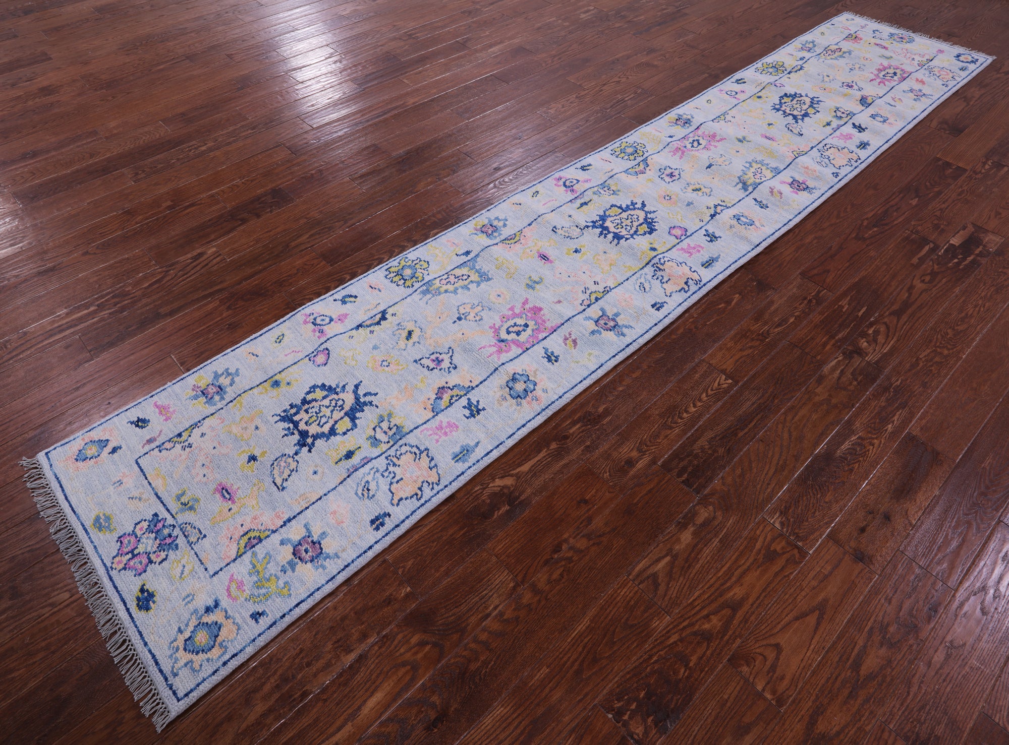 Light Blue Turkish Oushak Hand Knotted Wool Runner Rug - 2' 6" X 13' 5" - Golden Nile