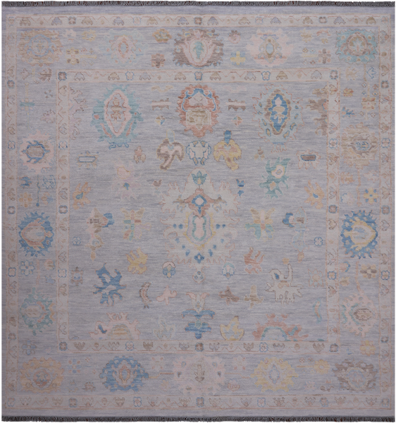SUPER SALE Silver Square Turkish Oushak Hand Knotted Wool Rug - 9' 0" X 9' 3"