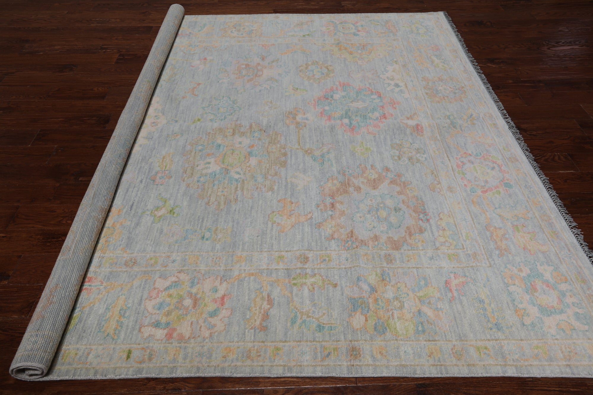SUPER SALE Silver Square Turkish Oushak Hand Knotted Wool Rug - 7' 9" X 8' 4"