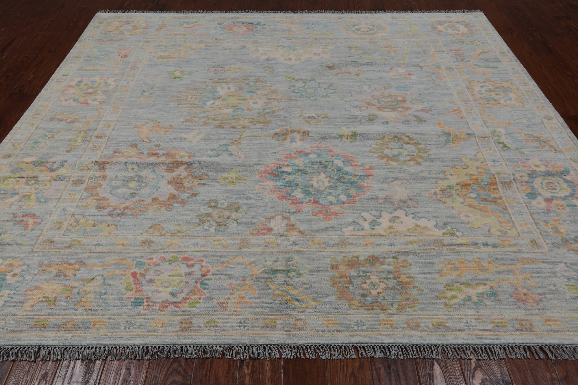 SUPER SALE Silver Square Turkish Oushak Hand Knotted Wool Rug - 7' 9" X 8' 4"