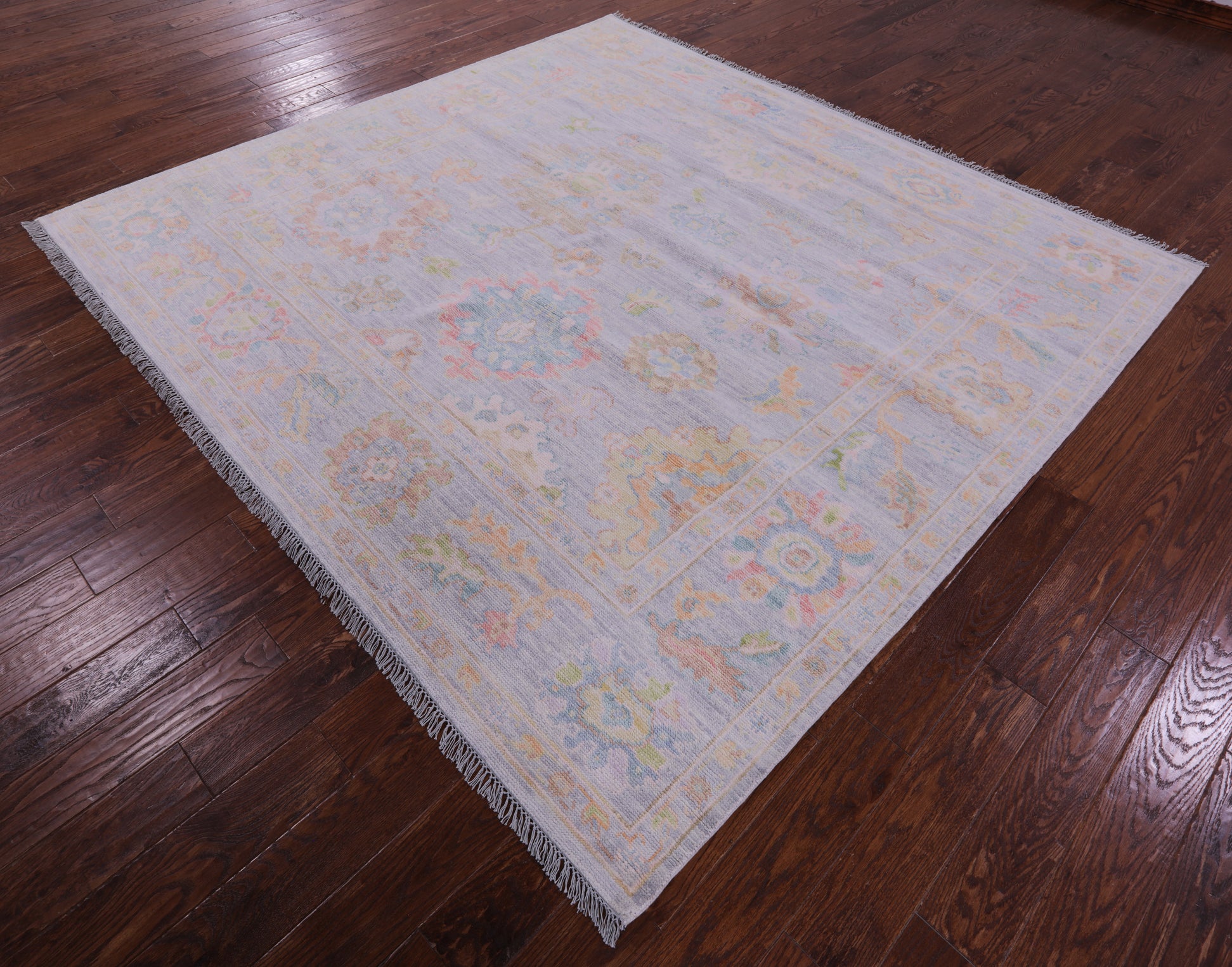 Silver Square Turkish Oushak Hand Knotted Wool Rug - 7' 9" X 8' 4" - Golden Nile