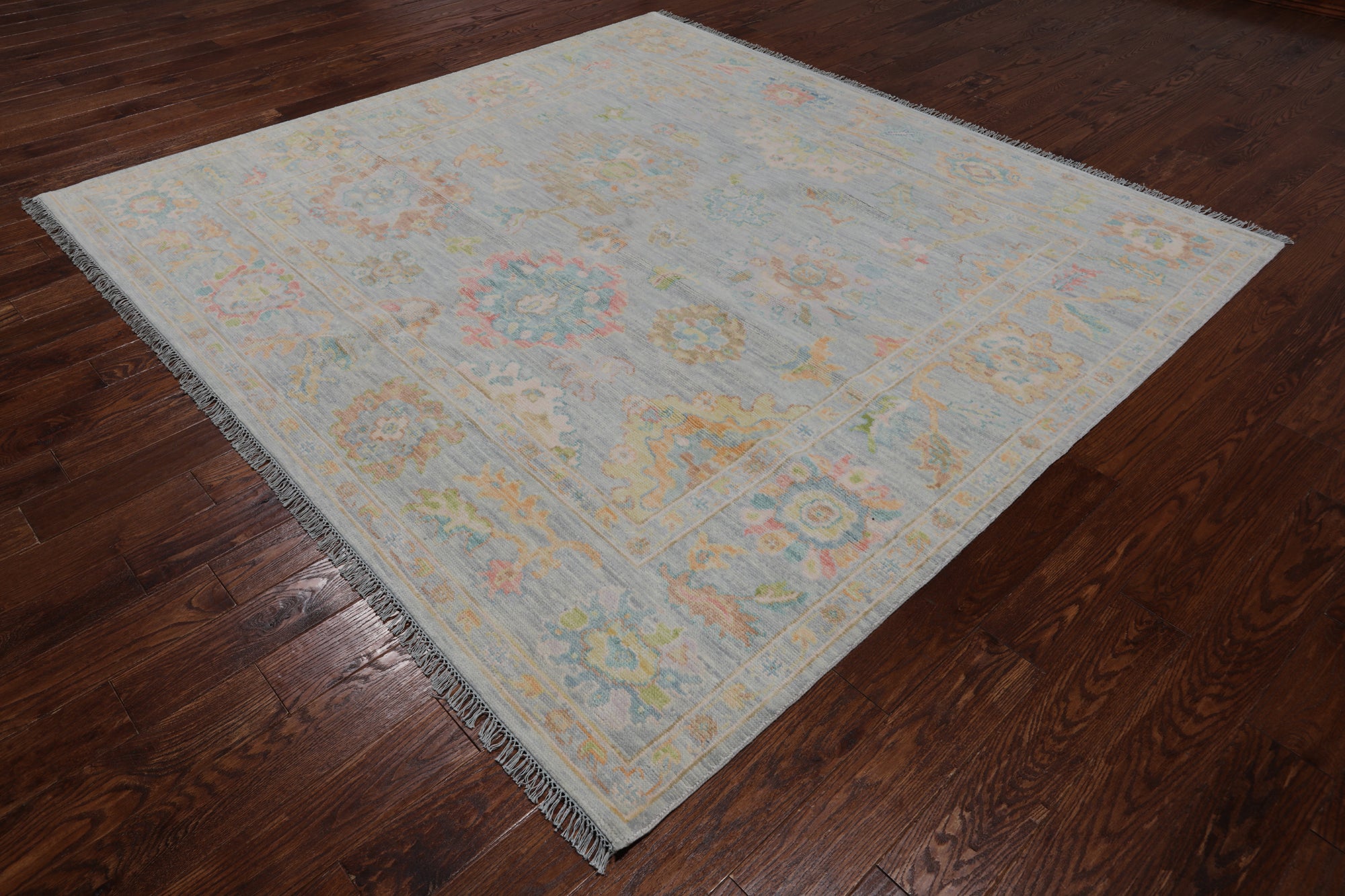 SUPER SALE Silver Square Turkish Oushak Hand Knotted Wool Rug - 7' 9" X 8' 4"