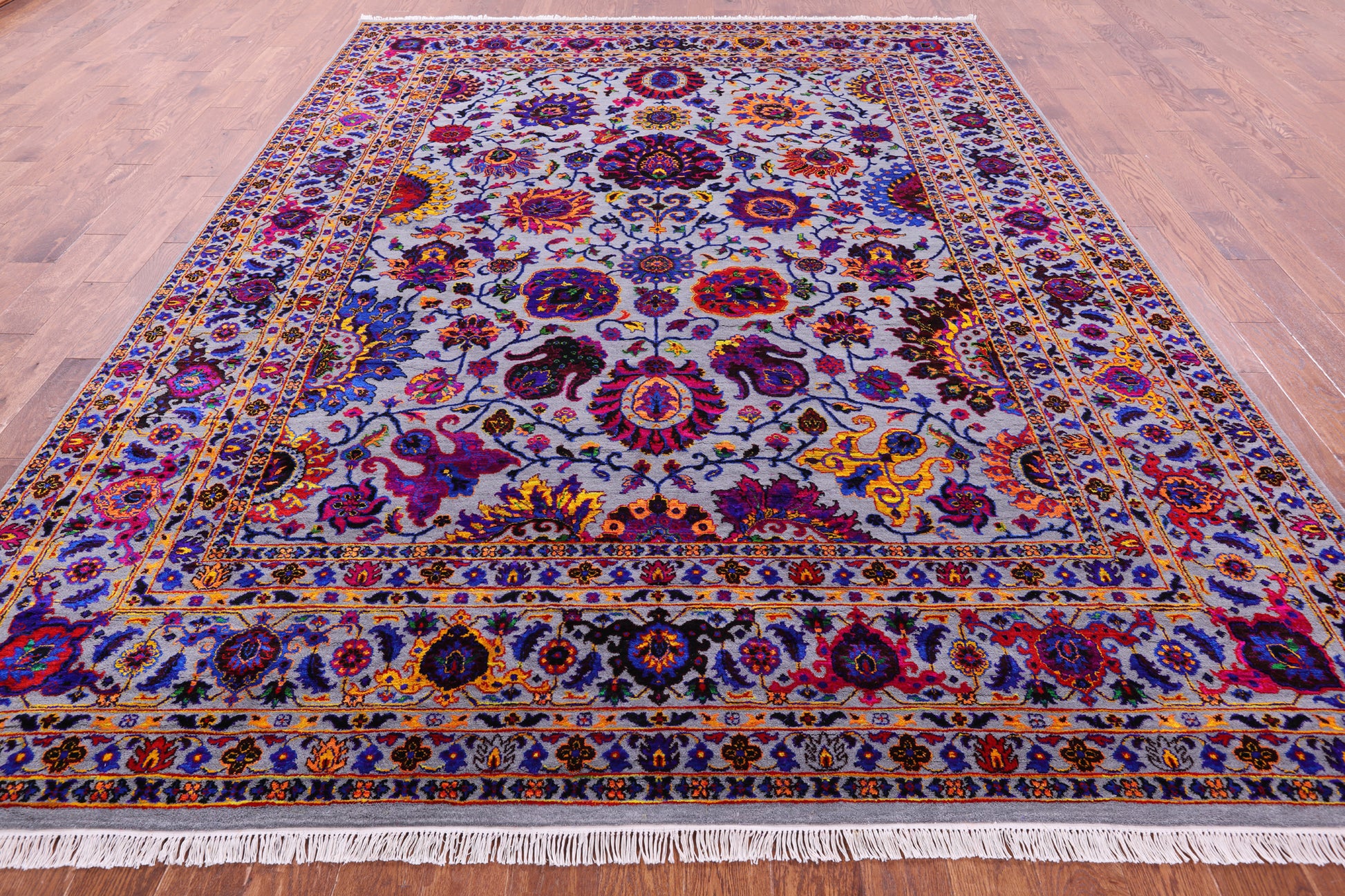 Grey Persian Tabriz Hand Knotted Wool & Silk Rug - 9' 0" X 12' 0" - Golden Nile