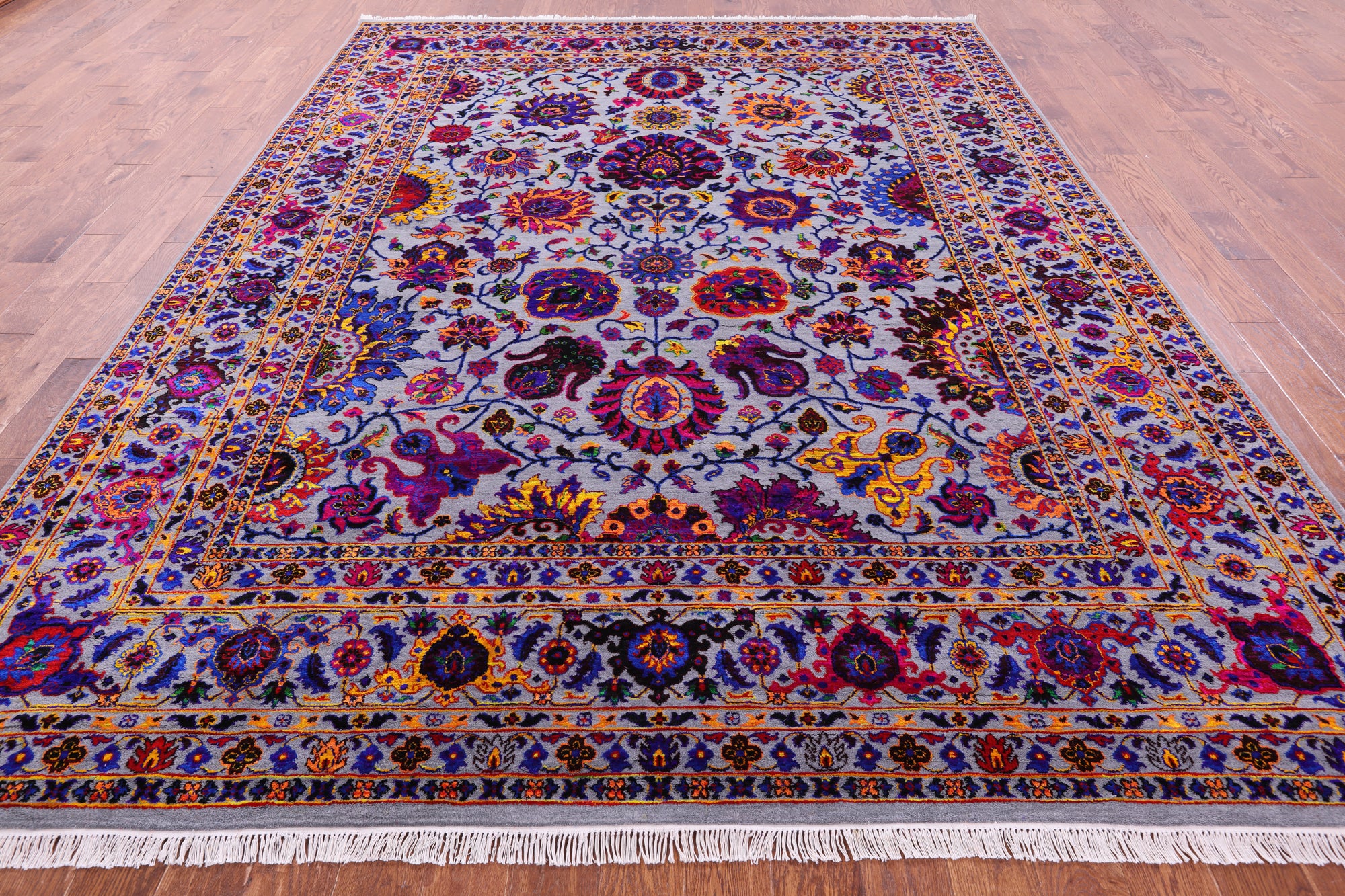 Grey Persian Tabriz Hand Knotted Wool & Silk Rug - 9' 0" X 12' 0" - Golden Nile