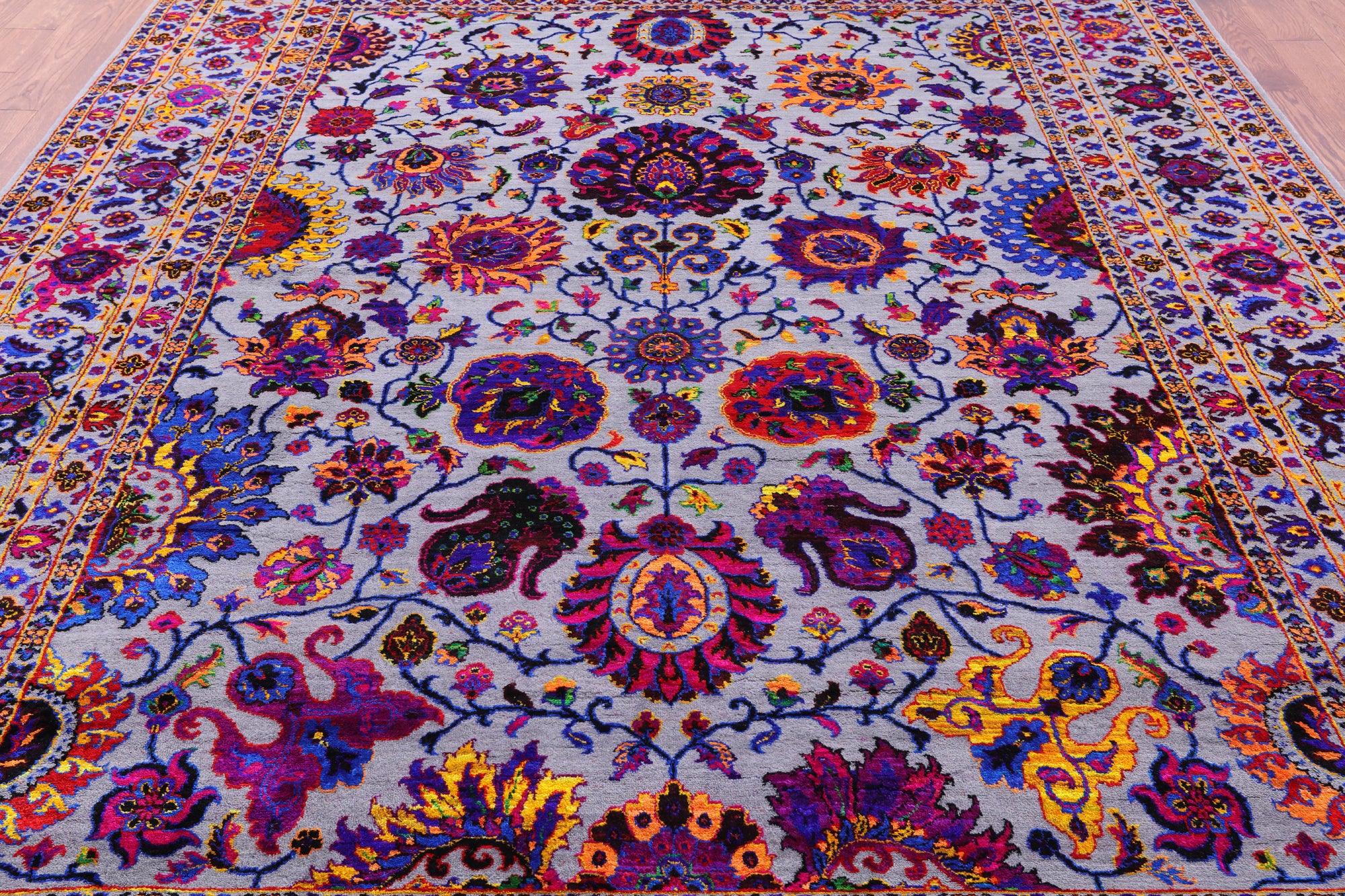 Grey Persian Tabriz Hand Knotted Wool & Silk Rug - 9' 0" X 12' 0" - Golden Nile