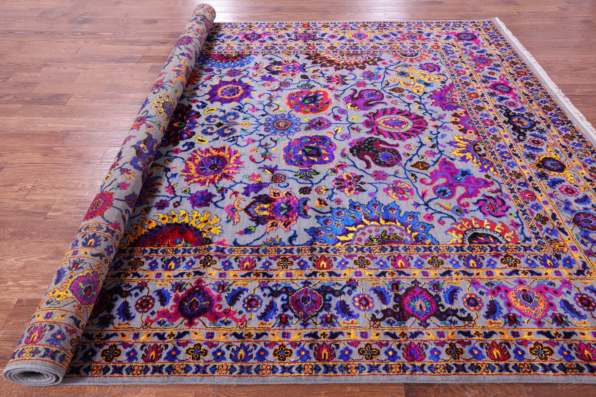 Grey Persian Tabriz Hand Knotted Wool & Silk Rug - 9' 0" X 12' 0" - Golden Nile