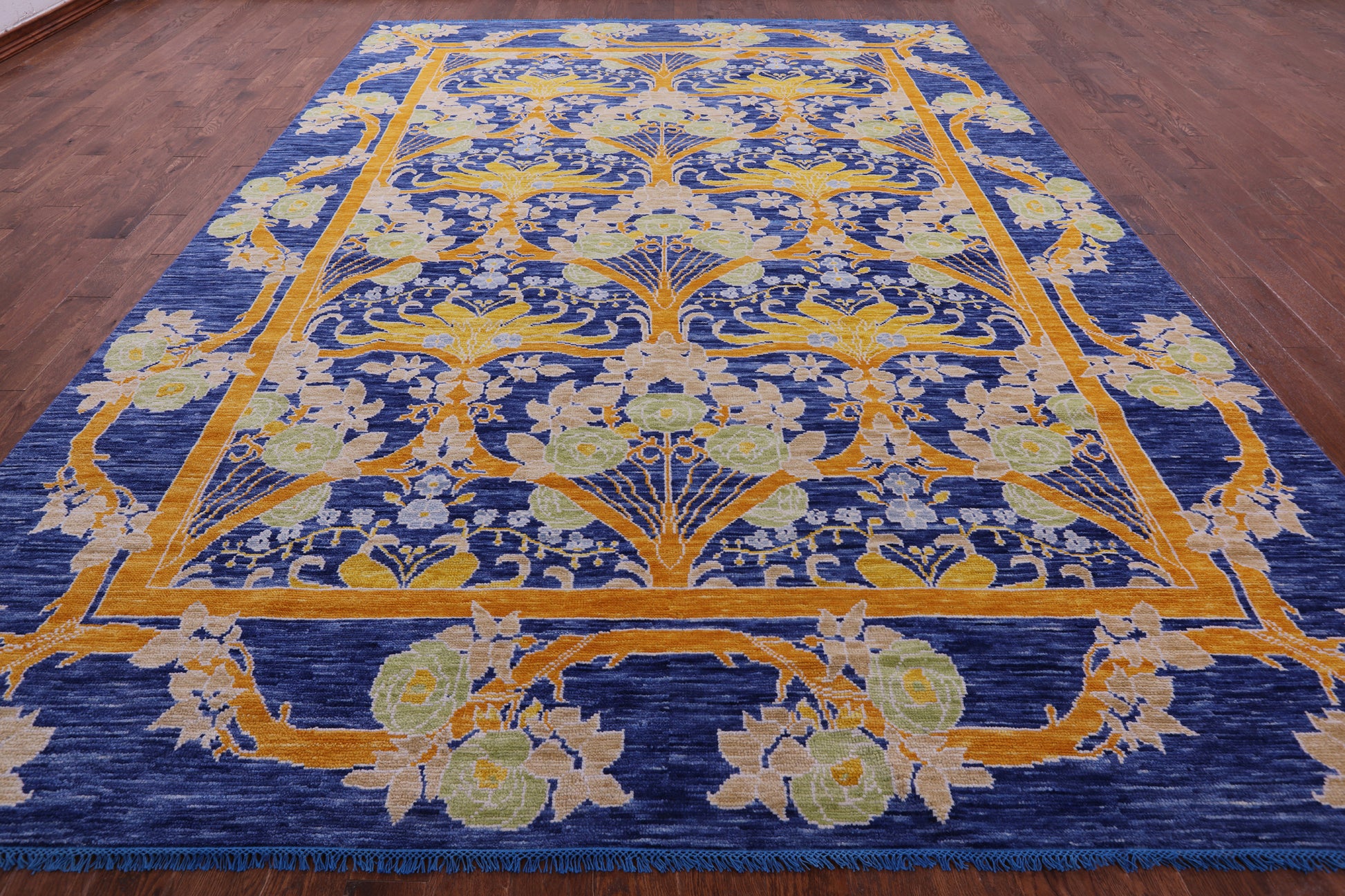 Blue William Morris Hand Knotted Wool Rug - 10' 1" X 13' 8" - Golden Nile