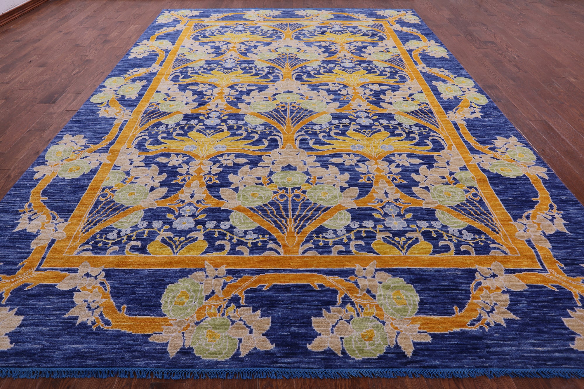 Blue William Morris Hand Knotted Wool Rug - 10' 1" X 13' 8" - Golden Nile