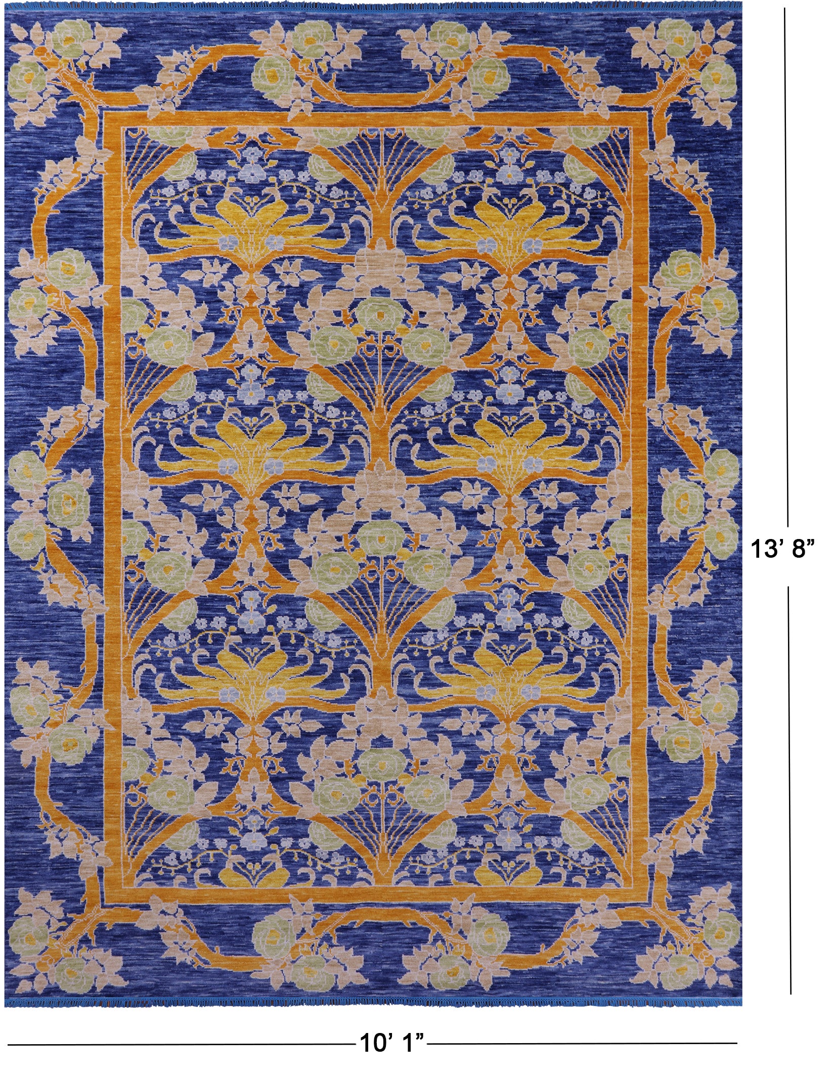 Blue William Morris Hand Knotted Wool Rug - 10' 1" X 13' 8" - Golden Nile