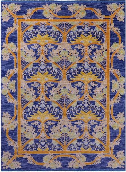 Blue William Morris Hand Knotted Wool Rug - 10' 1" X 13' 8" - Golden Nile