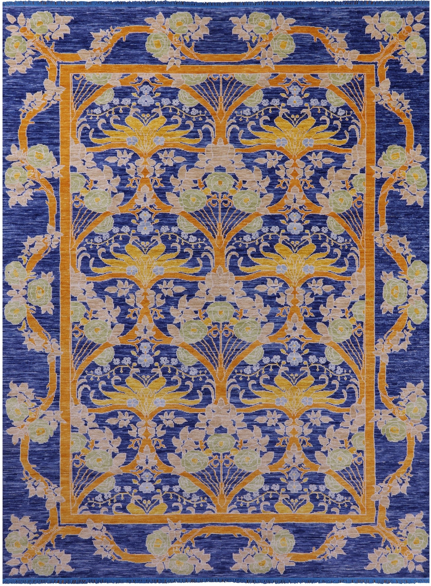 Blue William Morris Hand Knotted Wool Rug - 10' 1" X 13' 8" - Golden Nile