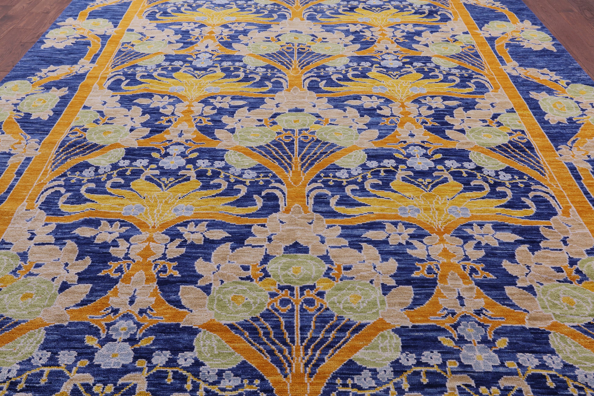 Blue William Morris Hand Knotted Wool Rug - 10' 1" X 13' 8" - Golden Nile