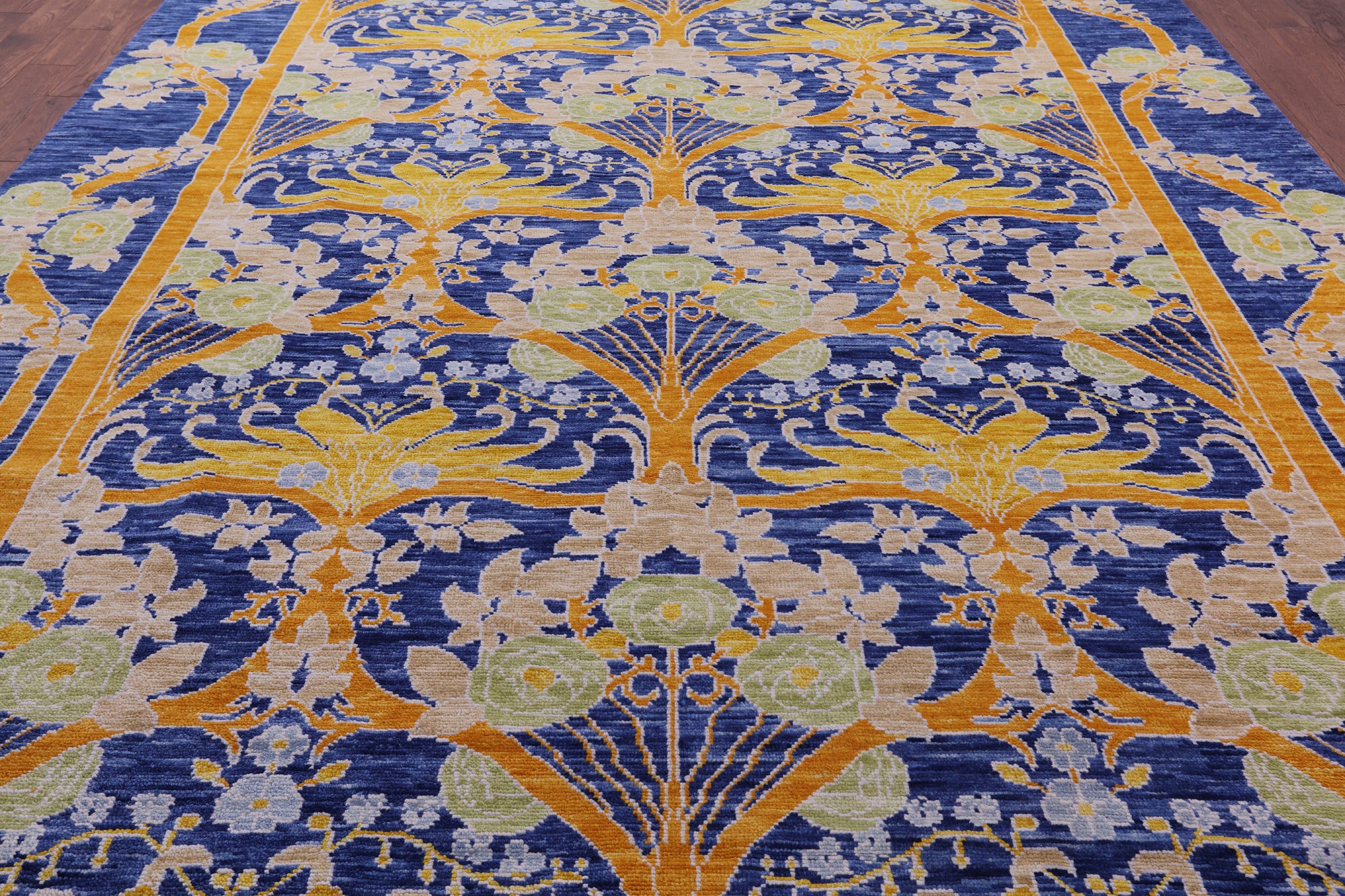 Blue William Morris Hand Knotted Wool Rug - 10' 1" X 13' 8" - Golden Nile