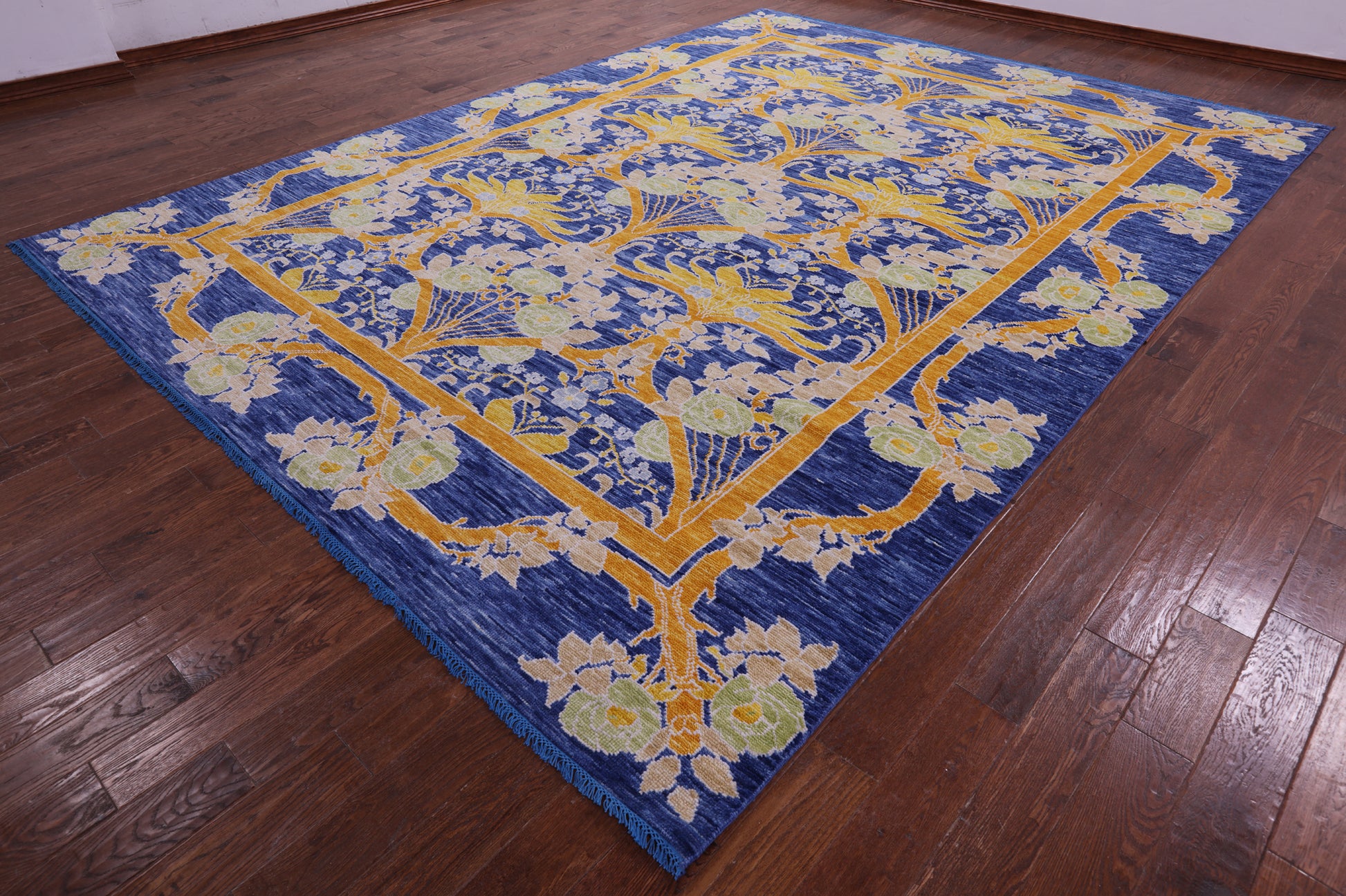 Blue William Morris Hand Knotted Wool Rug - 10' 1" X 13' 8" - Golden Nile