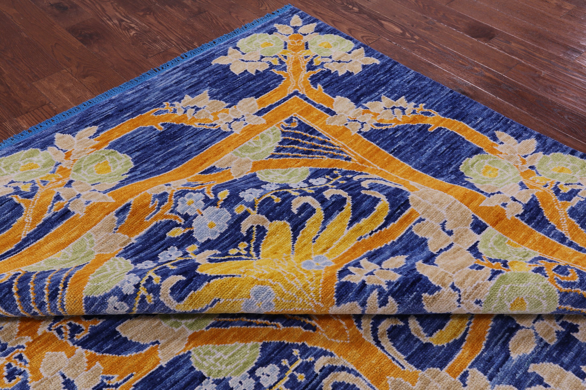 Blue William Morris Hand Knotted Wool Rug - 10' 1" X 13' 8" - Golden Nile