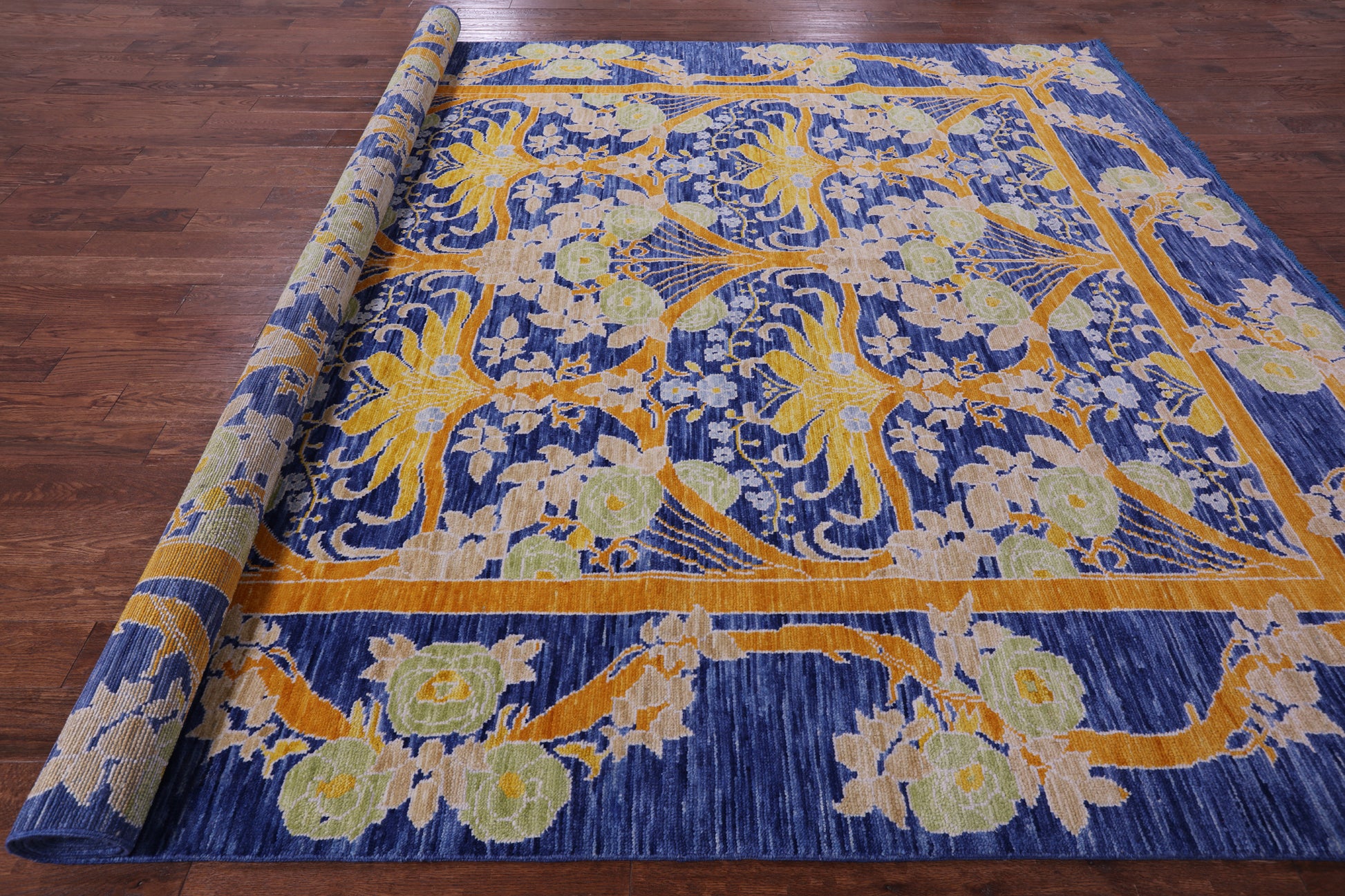 Blue William Morris Hand Knotted Wool Rug - 10' 1" X 13' 8" - Golden Nile