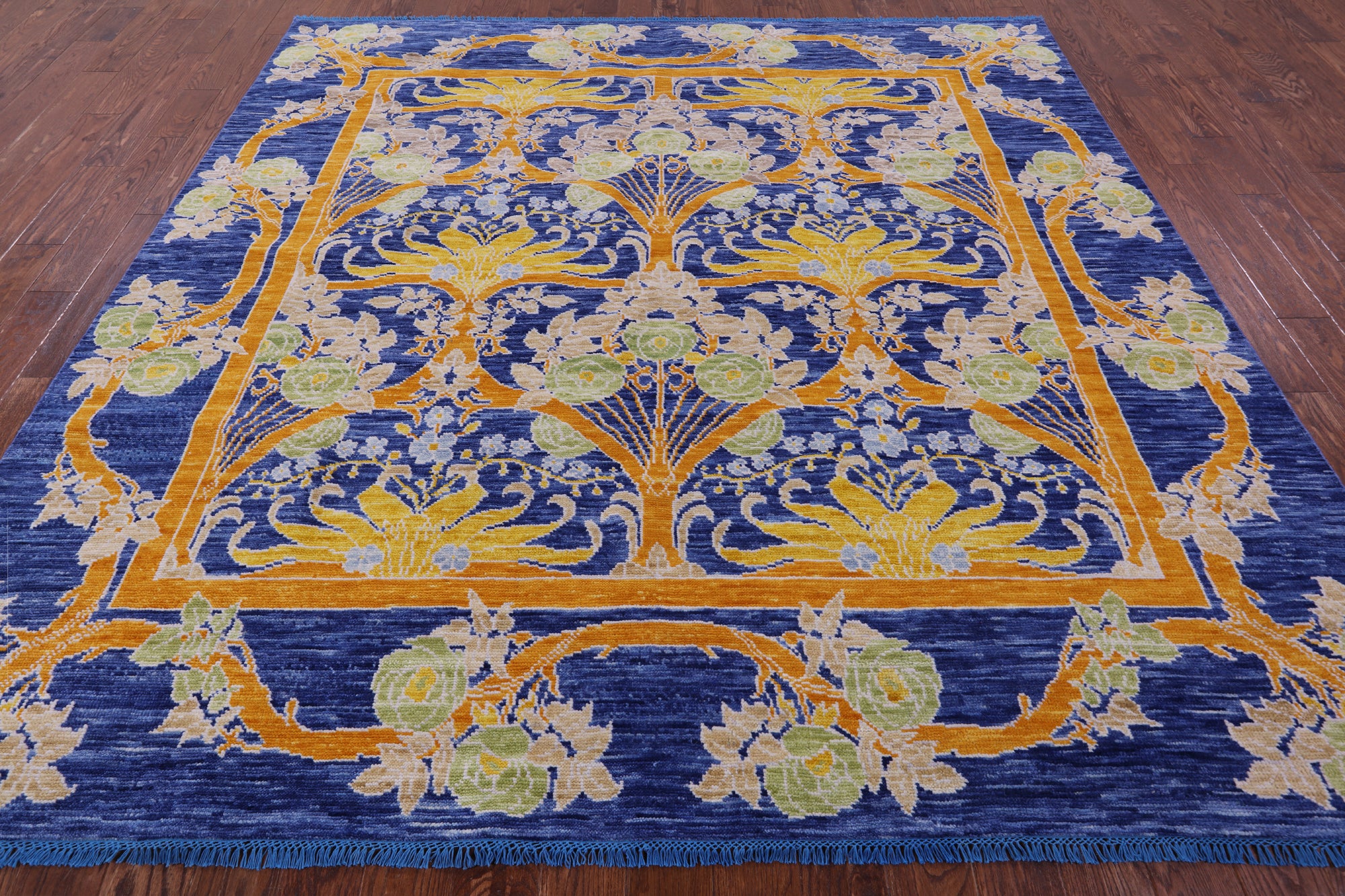 Blue Square William Morris Hand Knotted Wool Rug - 9' 0" X 9' 1" - Golden Nile