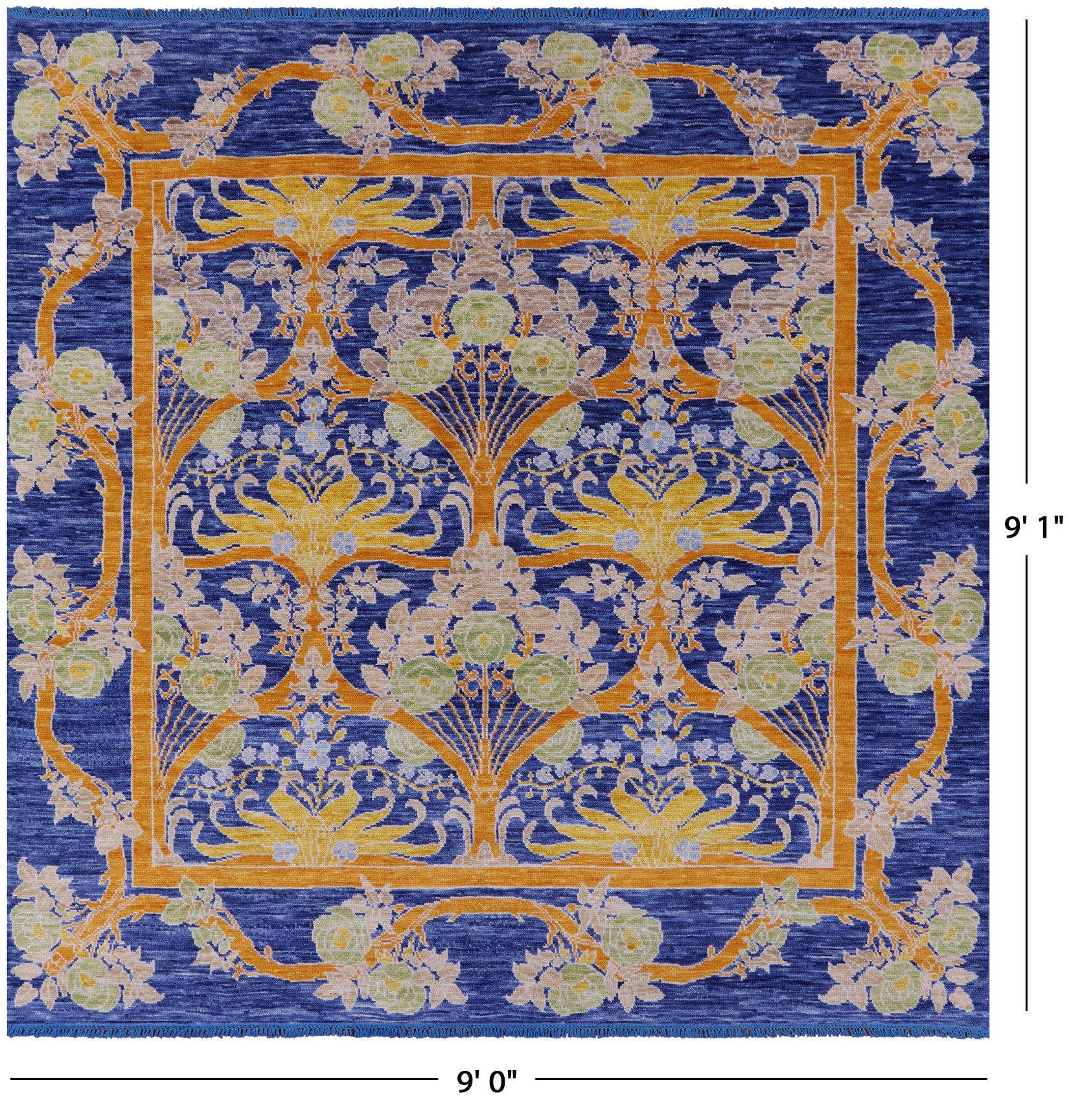 Blue Square William Morris Hand Knotted Wool Rug - 9' 0" X 9' 1" - Golden Nile