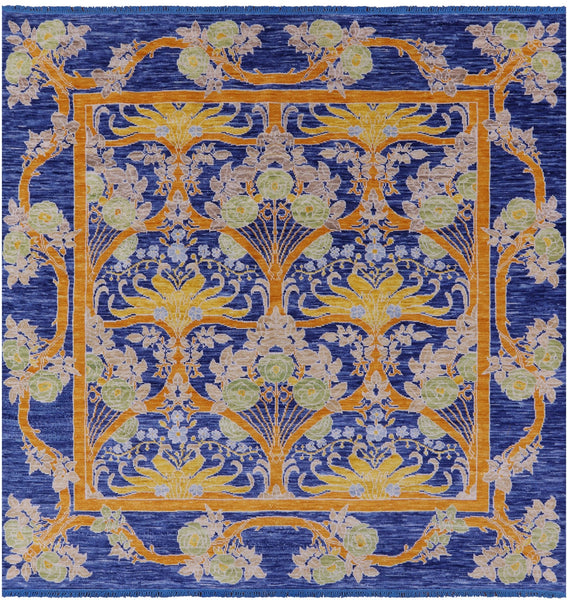 Blue Square William Morris Hand Knotted Wool Rug - 9' 0" X 9' 1" - Golden Nile