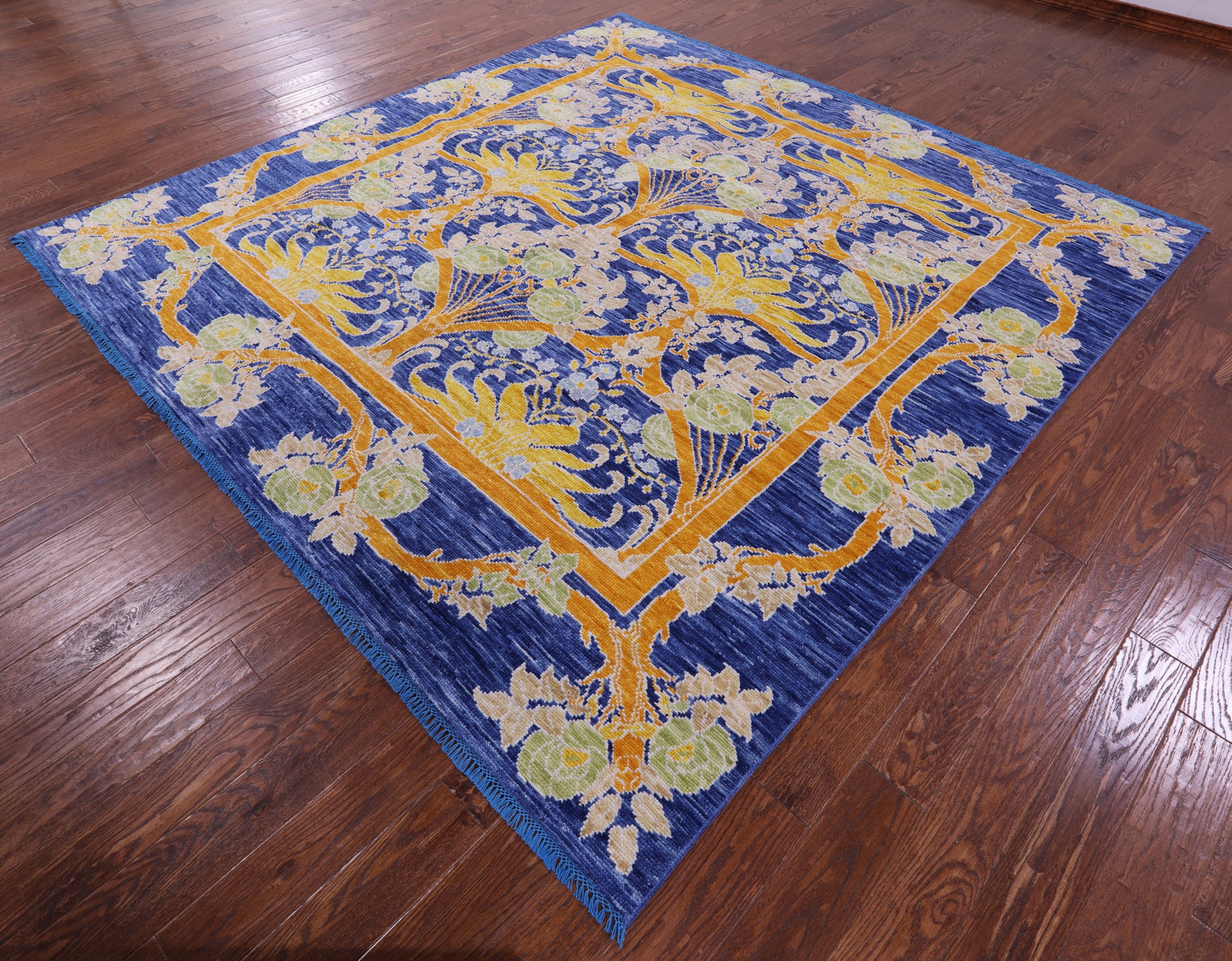 Blue Square William Morris Hand Knotted Wool Rug - 9' 0" X 9' 1" - Golden Nile