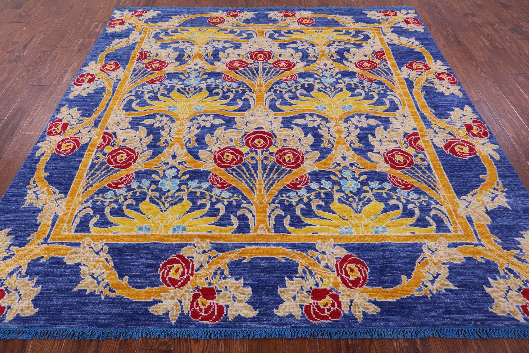 Blue Square William Morris Hand Knotted Wool Rug - 8' 1" X 8' 2" - Golden Nile
