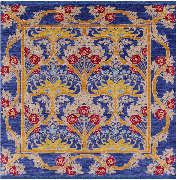 Blue Square William Morris Hand Knotted Wool Rug - 8' 1" X 8' 2" - Golden Nile