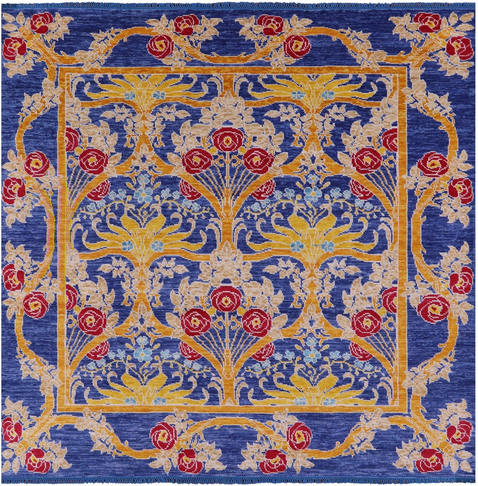 Blue Square William Morris Hand Knotted Wool Rug - 8' 1" X 8' 2" - Golden Nile