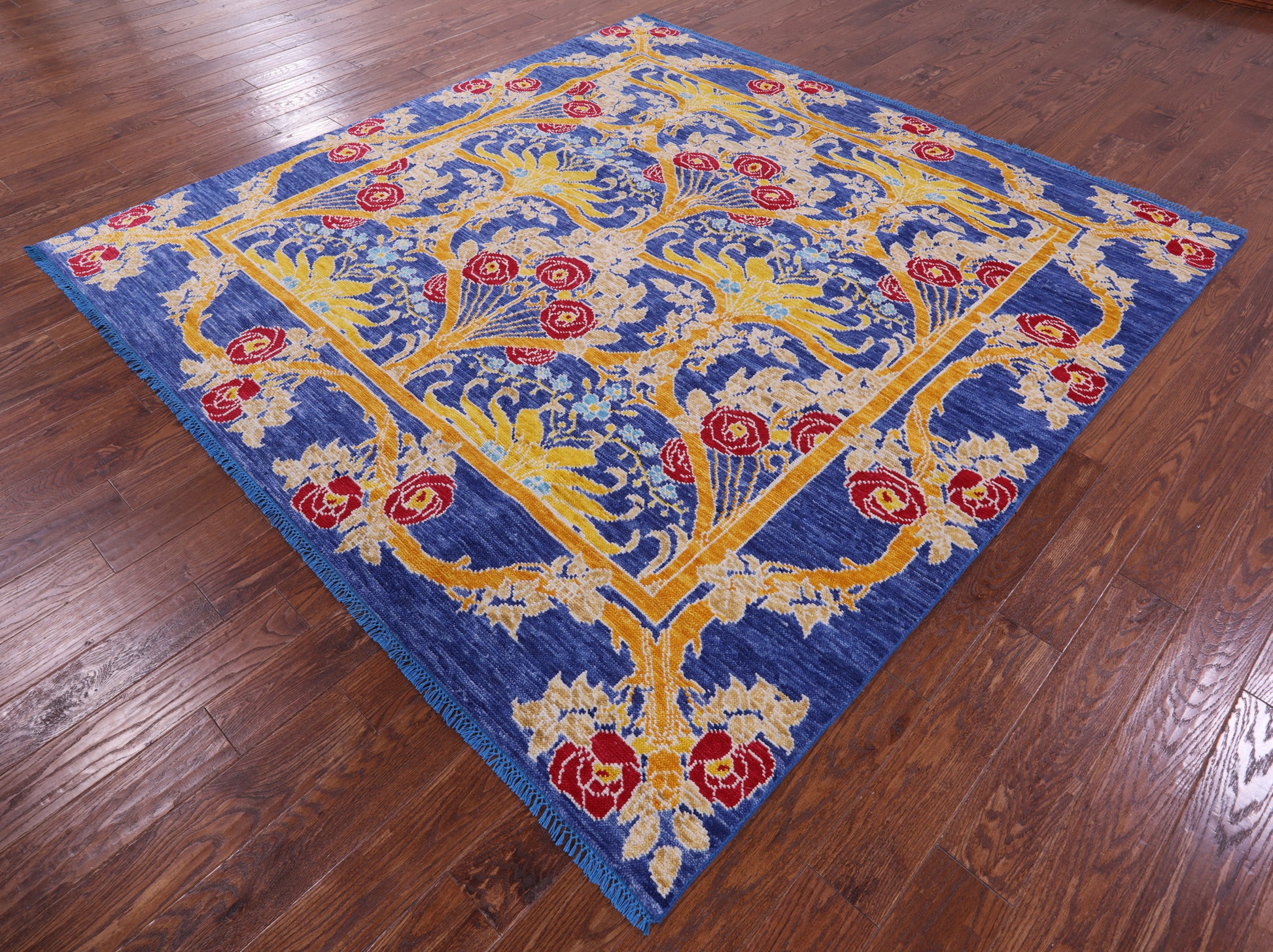 Blue Square William Morris Hand Knotted Wool Rug - 8' 1" X 8' 2" - Golden Nile